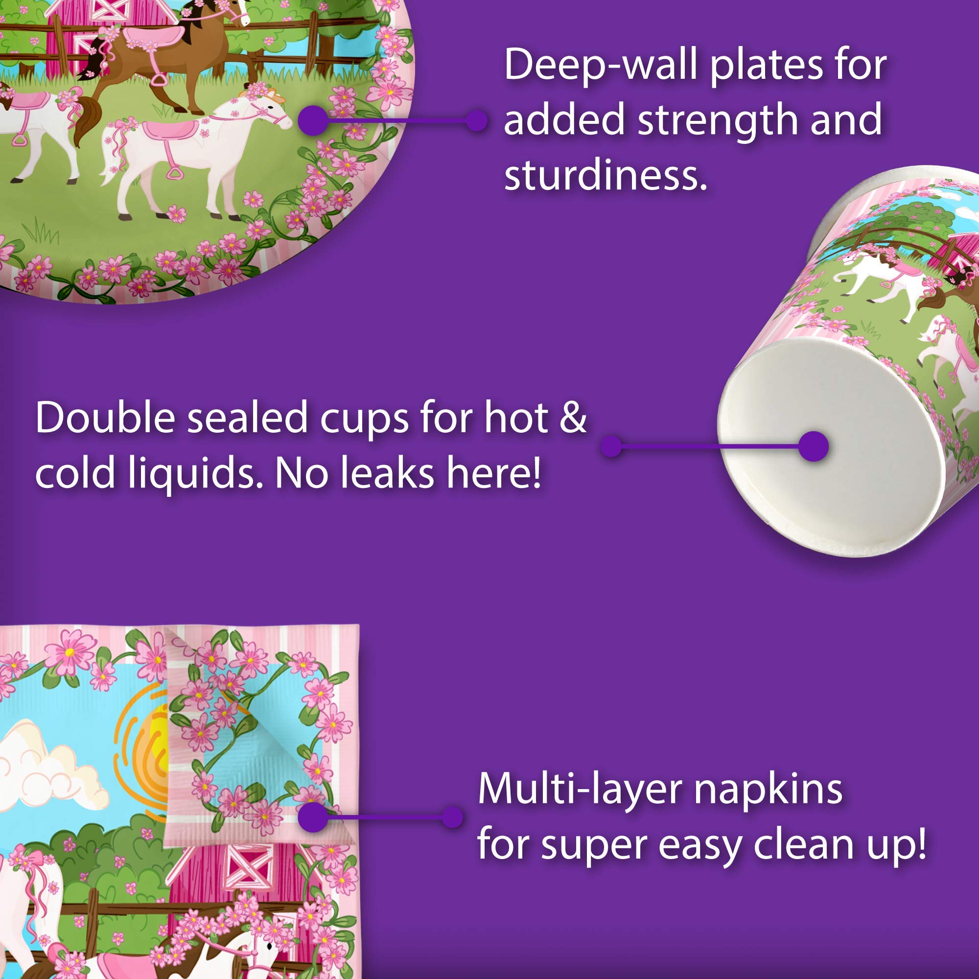 Pink Horse Birthday Party Supplies Set - 16-Piece Tableware Kit with Plates, Napkins & Cups for Kids' Themed Party Decorations