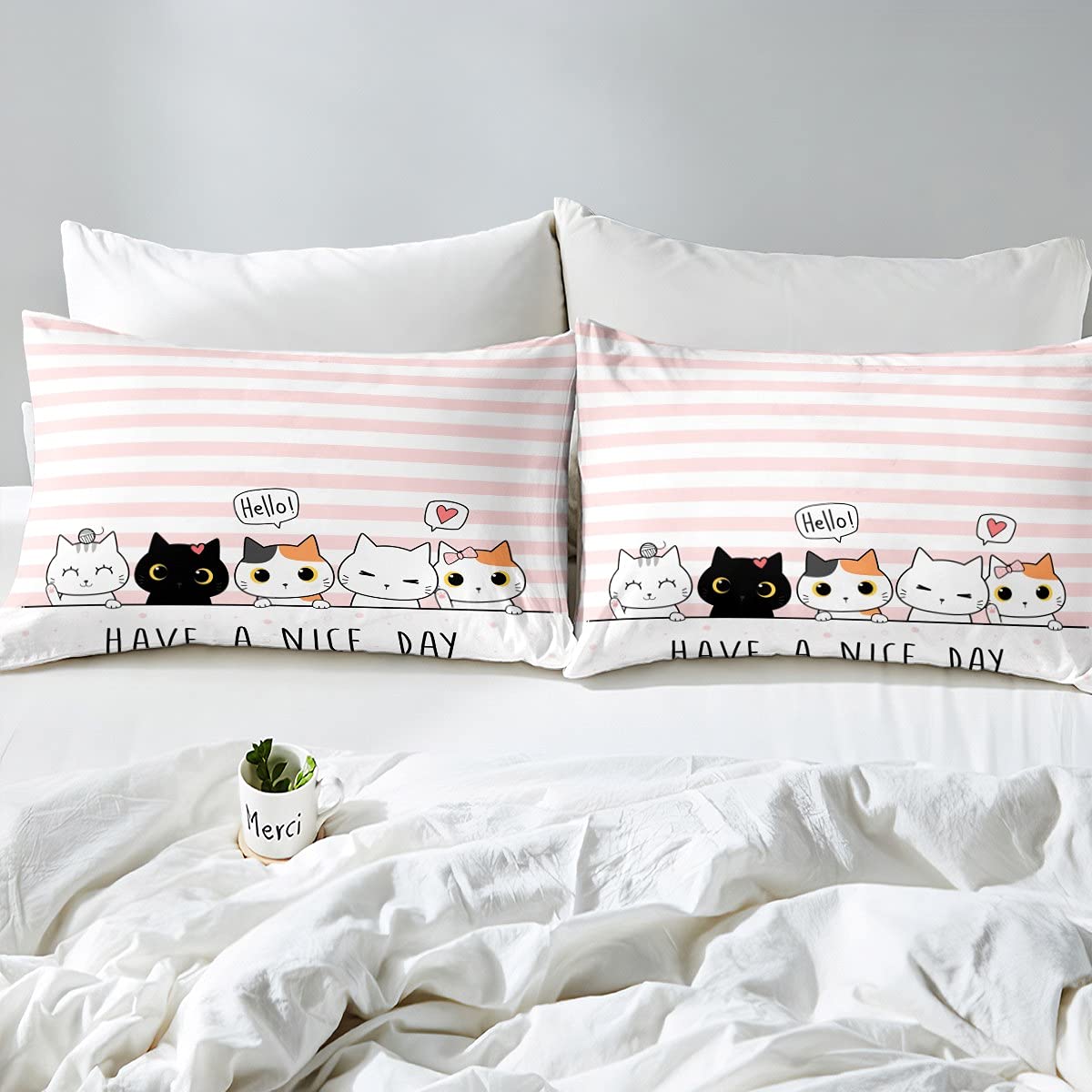 Cute Little Cats Hand-Drawn Bed Sheet Set for Kids & Girls - Pink Pastel Stripes Fitted Sheet, Flat Sheet & 2 Pillowcases | Soft Cat-Themed Bedding for Cozy Bedrooms & Sleepovers