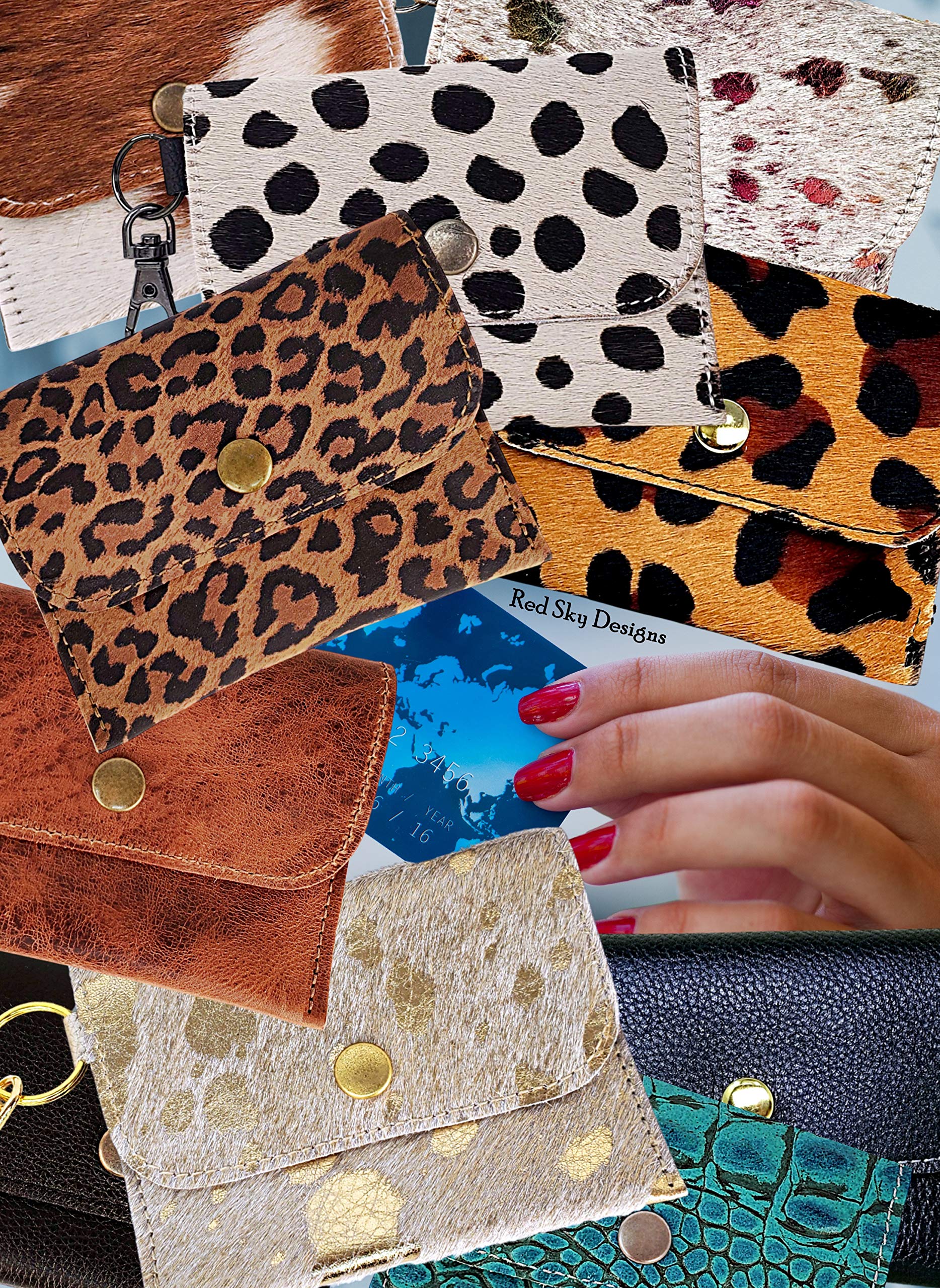 Premium Acid Wash Cowhide Keychain ID Card Wallet - Secure Business Card Holder with Hair-On Leather, Clip for Large Purses & Easy Grab & Go - Perfect for Travel, Work & Everyday Use (Turquoise Acid Wash)