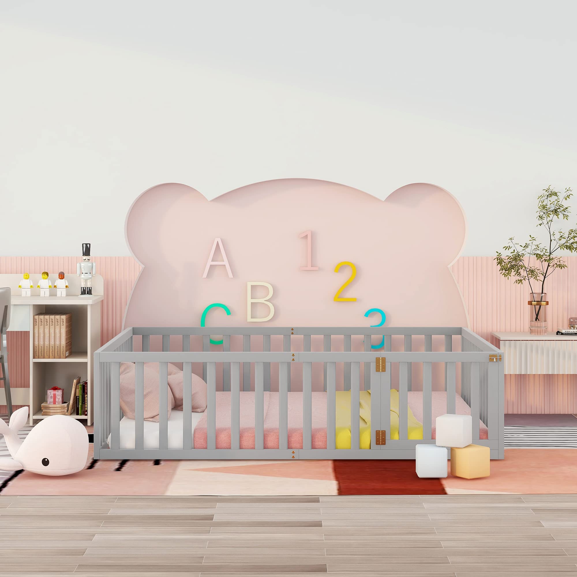 Montessori Floor Bed with Door - Queen Size Wooden Kids Bed Frame with Safety Fence for Children 6+ | Easy Assembly | Grey | Perfect for Montessori Bedrooms, Toddler Rooms & Safe Sleep Spaces