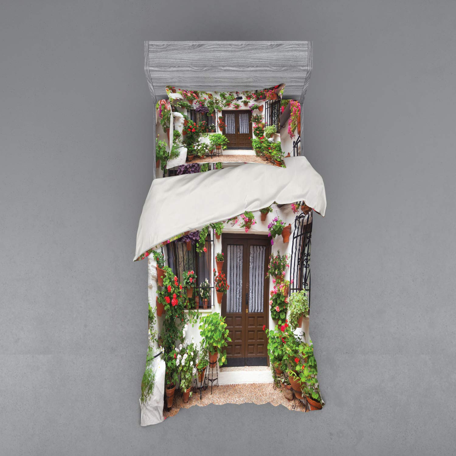 Ambesonne Country Floral Bedding Set - 3 Piece Duvet Cover with Sham & Fitted Sheet, Twin Size, Colorful European House Design with Flower Pots - Perfect for Farmhouse, Cottage & Vintage Style Bedrooms