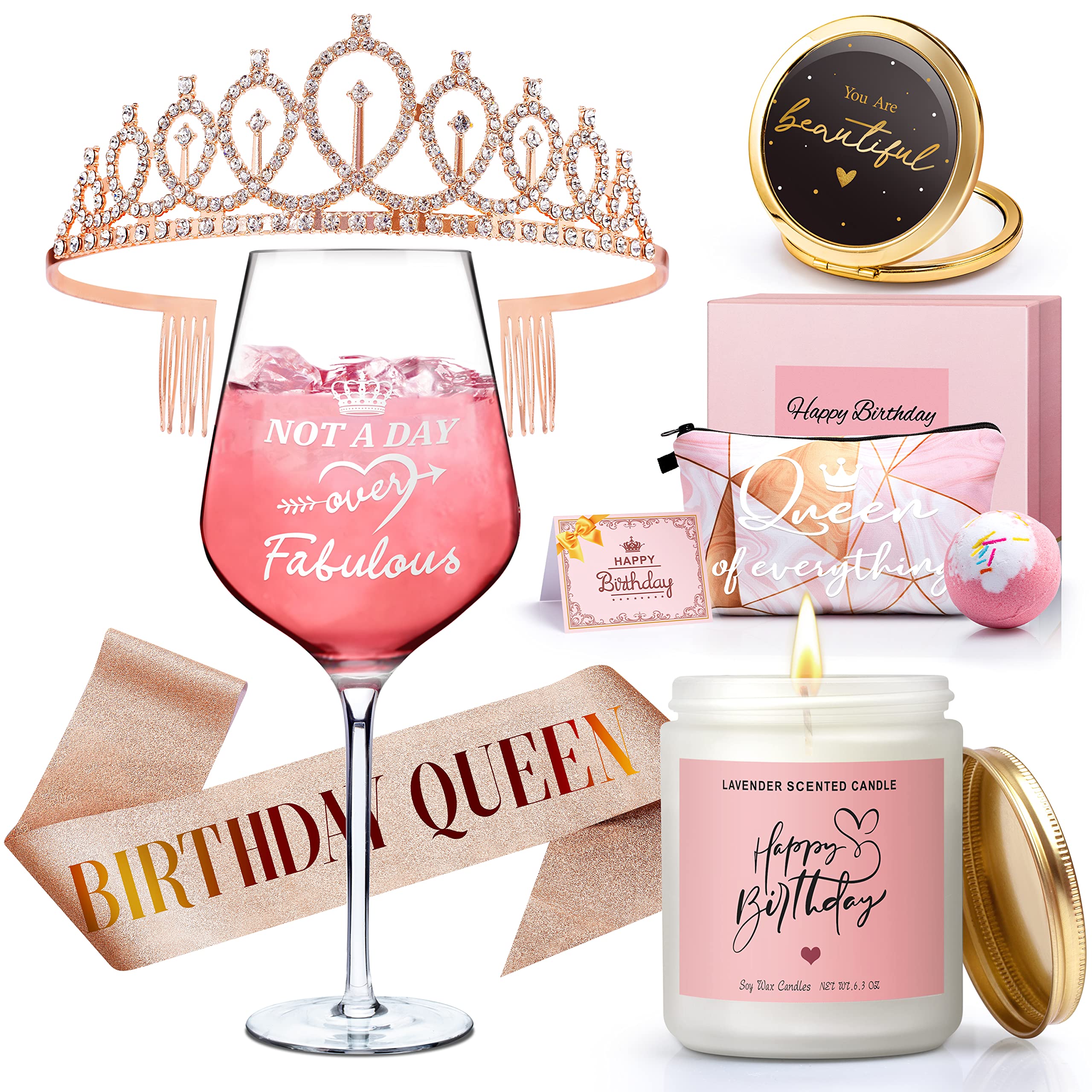 **Best Birthday Gifts for Women - Elegant Gift Basket Set for Her, Mom, Wife, Sister, Best Friend & Coworker - Includes Candles, Tiara, Sash & Rose - Perfect for Birthdays, Parties & Celebrations**