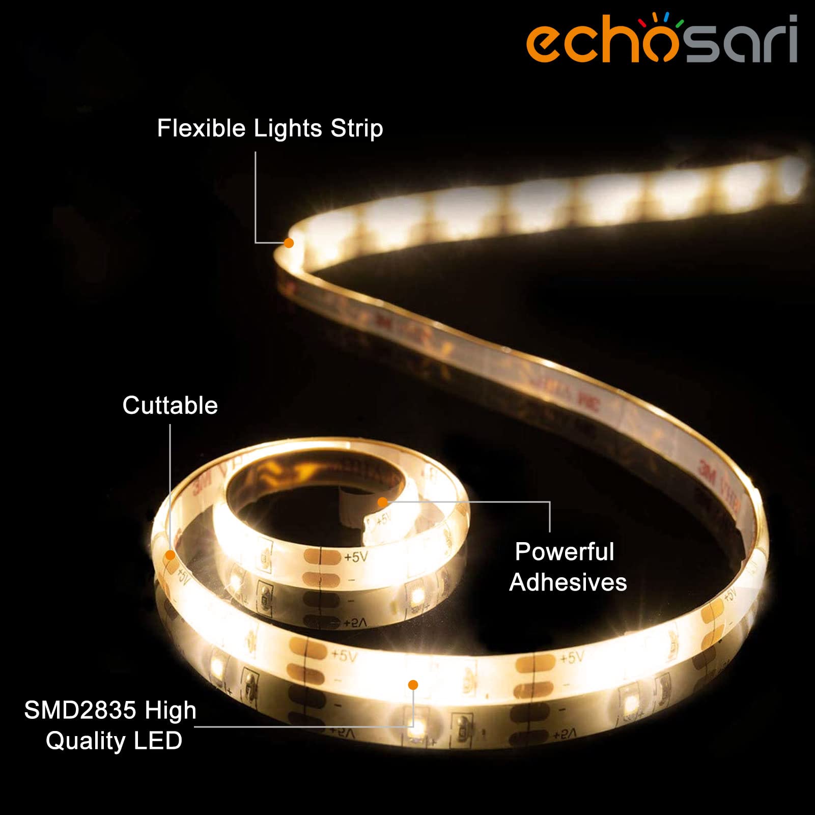 Echosari 9.8FT Battery Powered LED Strip Lights - Warm White, 8 Lighting Modes, Dimmable, Timer, Self-Adhesive, Cuttable, Waterproof (90 LEDs) for TV Backlight, Kitchen Cupboard, Bedroom, Home Decor & Party Lighting