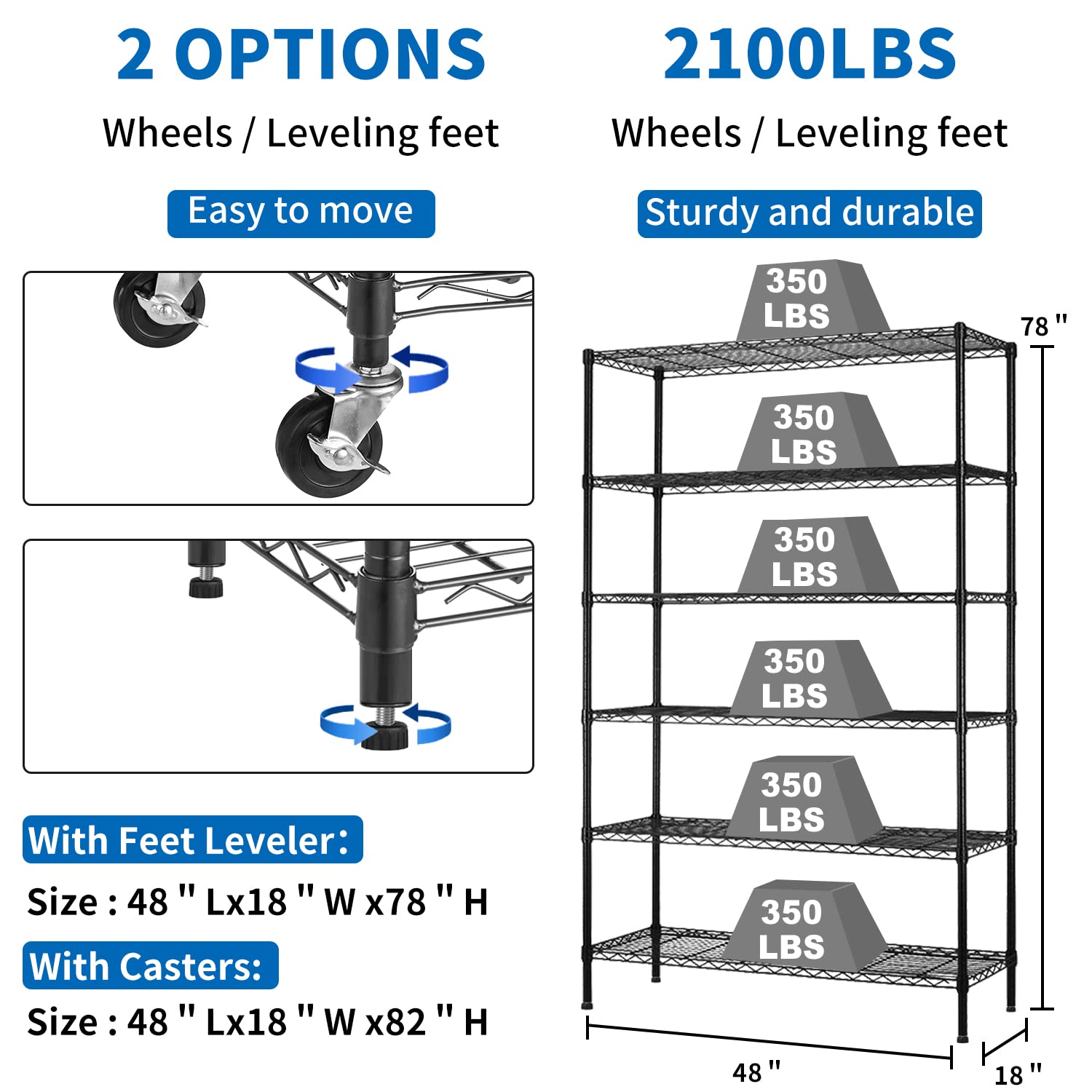 6-Tier Heavy Duty Metal Wire Shelving Unit with Wheels - Adjustable Height 48