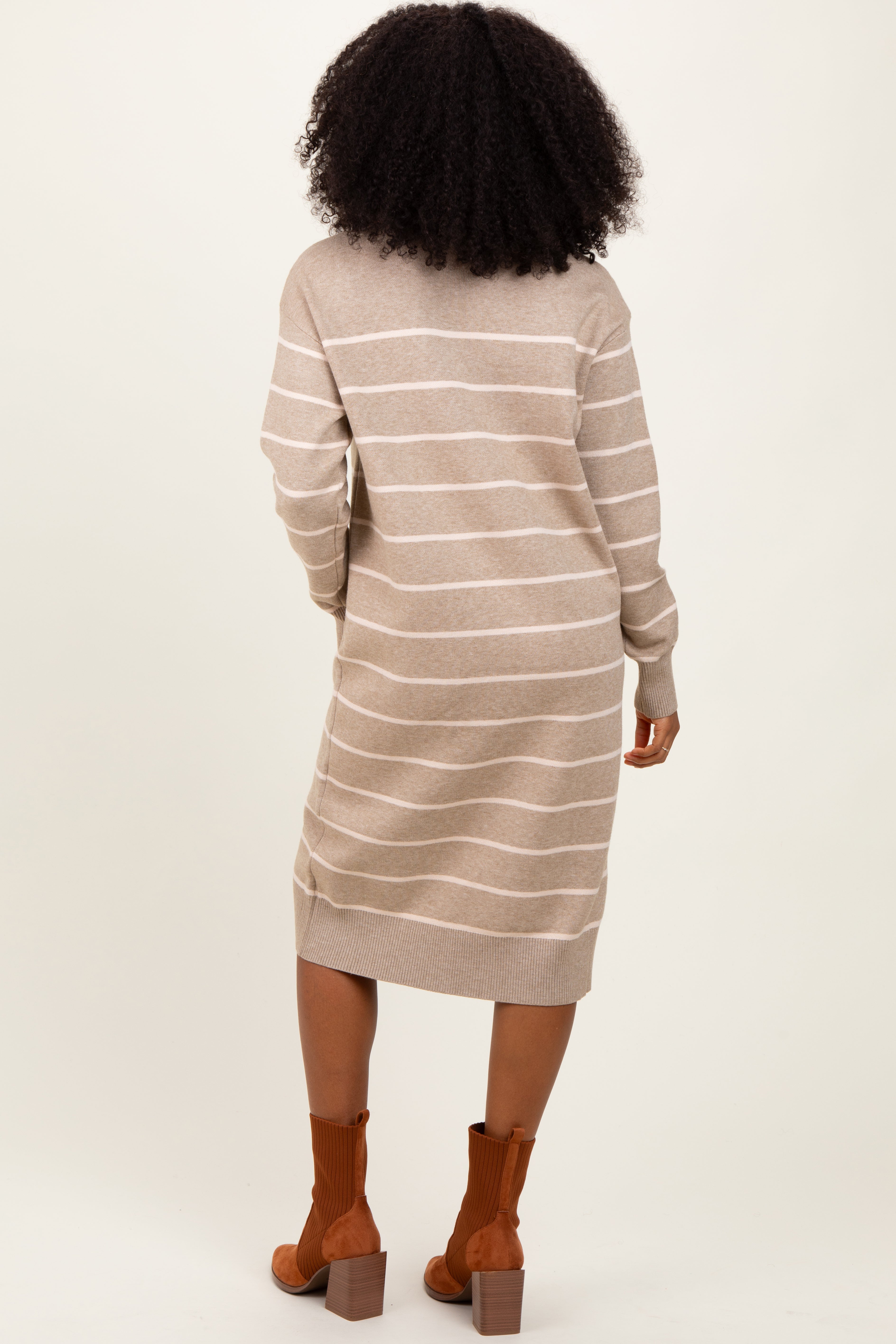 Beige Striped Midi Sweater Dress for Women - Soft Knit Casual Long Sleeve Tunic - Perfect for Fall, Winter & Holiday Outfits