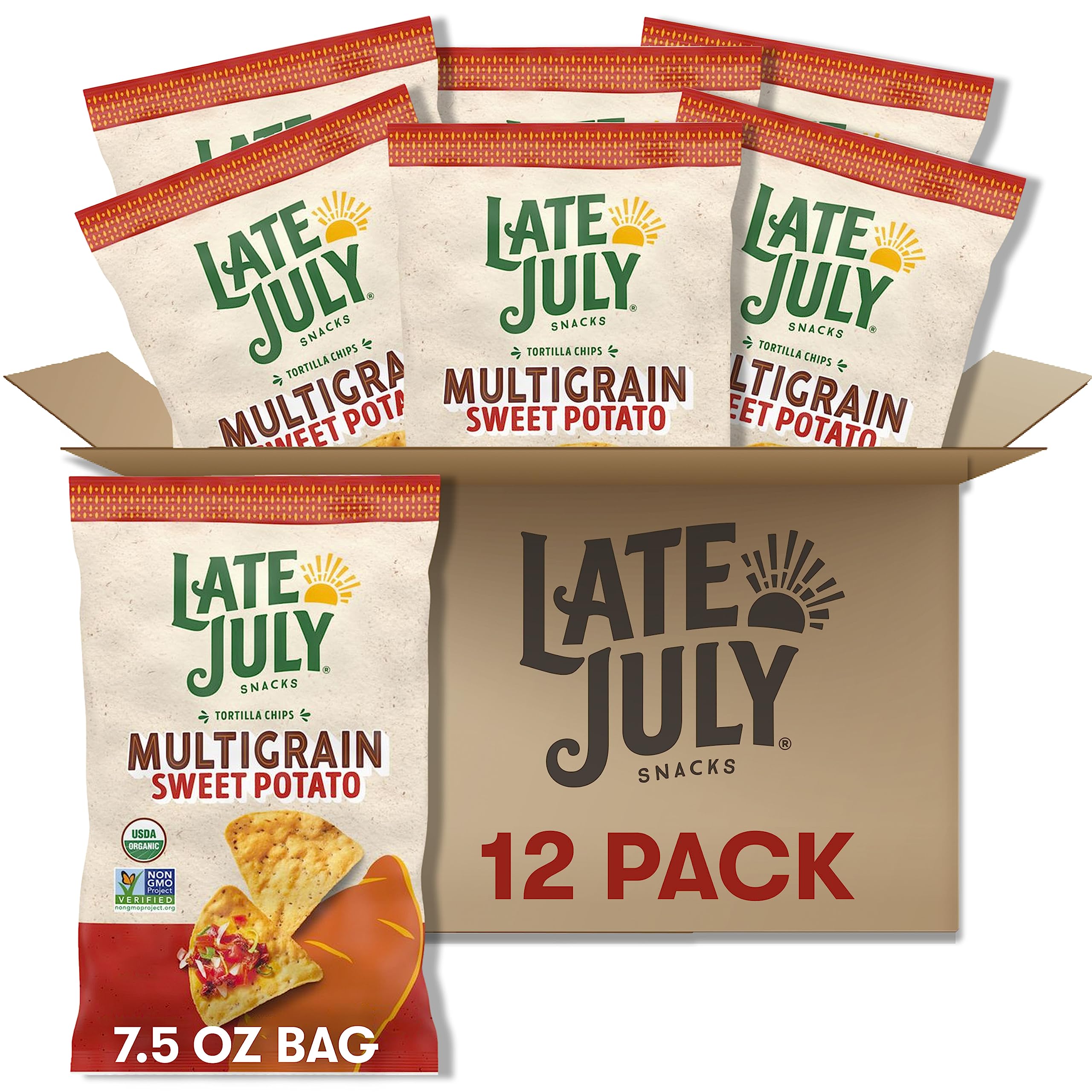 Organic Multigrain Sweet Potato Tortilla Chips by Late July - Gluten Free, Non-GMO, Vegan Snacks - 7.5oz Bags (Pack of 12) - Perfect for Parties, School Lunches & Healthy On-the-Go Snacking
