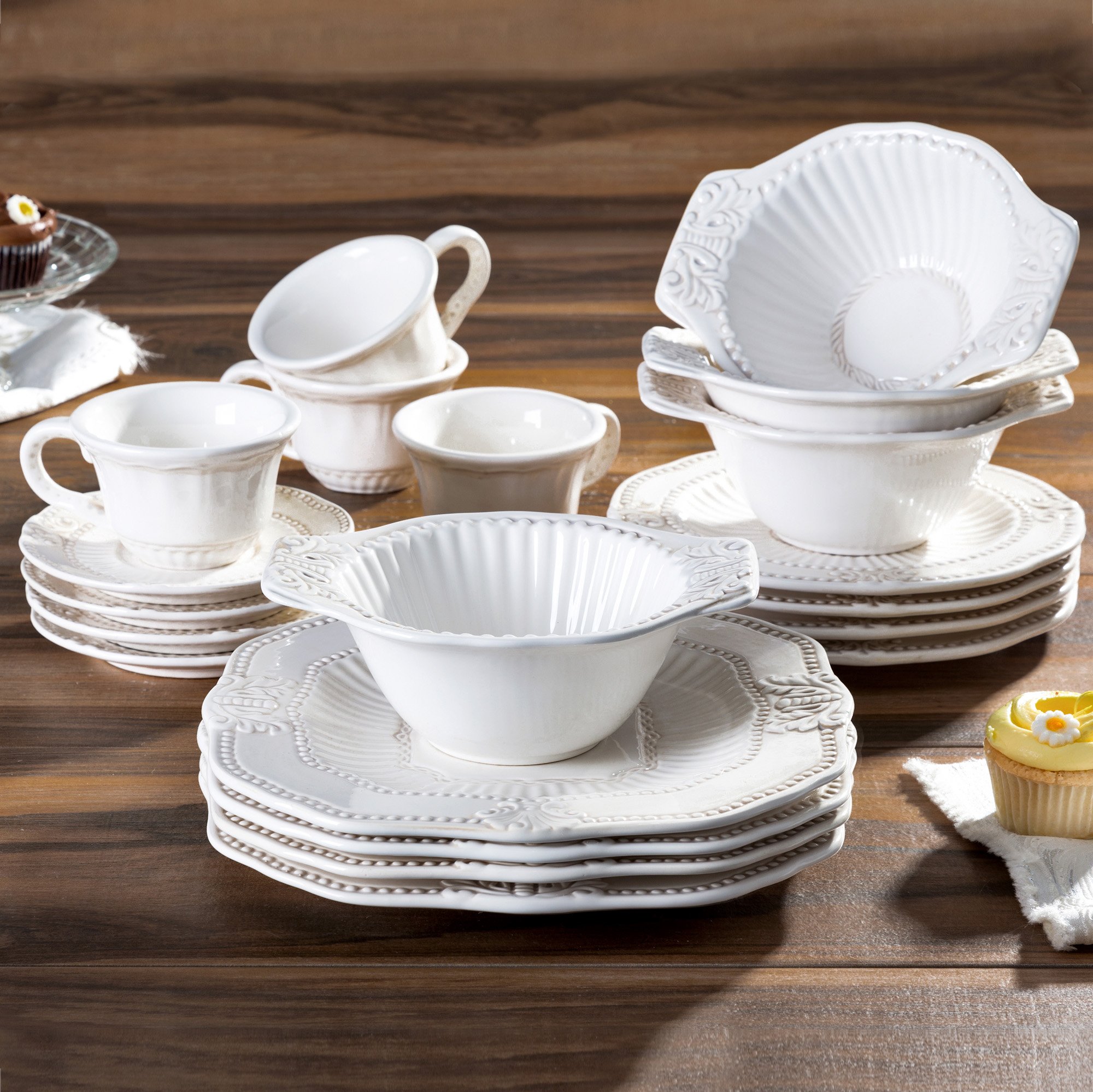 American Atelier 20-Piece Stoneware Dinnerware Set - Round White Dinner Plates, Salad Plates, Bowls, Mugs & Saucers - Elegant Dinner Party Collection for Hosting, Wedding Gifts & Special Occasions