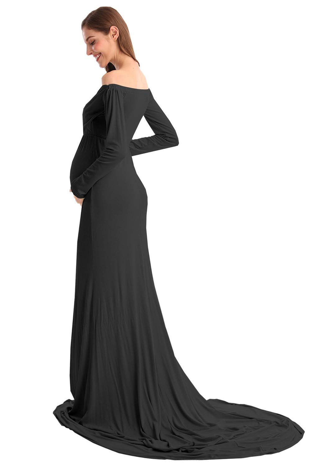 Elegant Women's Maternity Dress - Long Sleeve Off Shoulder Cross-Front V-Neck Slim Fit Maxi Photography Gown with Train - Perfect for Maternity Photos, Baby Showers & Special Occasions