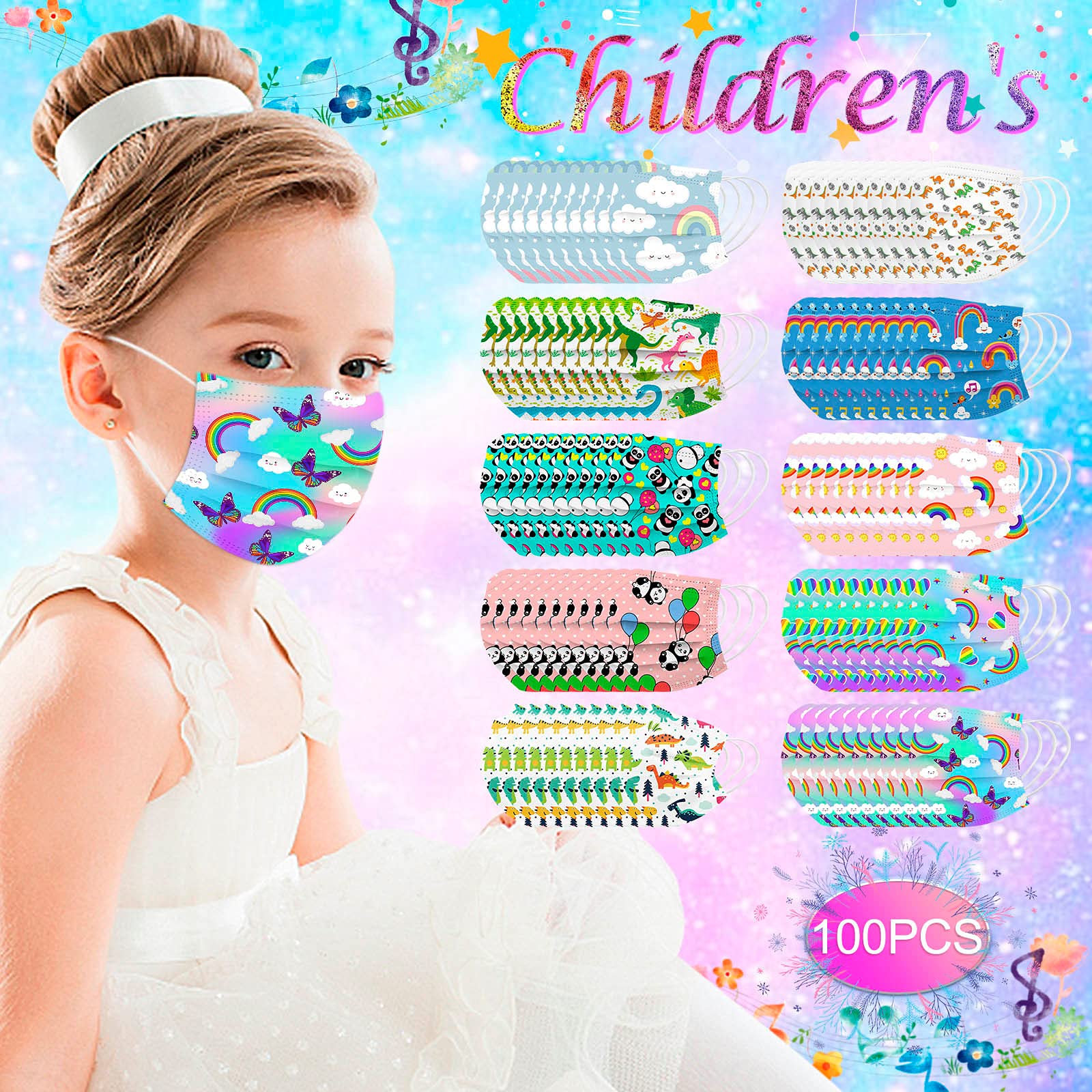 100 Pack Kids Disposable Face Masks - Colorful Rainbow Butterfly 3-Ply Breathable Activated Carbon Masks with Fun Designs - Soft Elastic Ear Loops for School, Travel & Holiday Parties (Christmas, Halloween, Birthday Celebrations)
