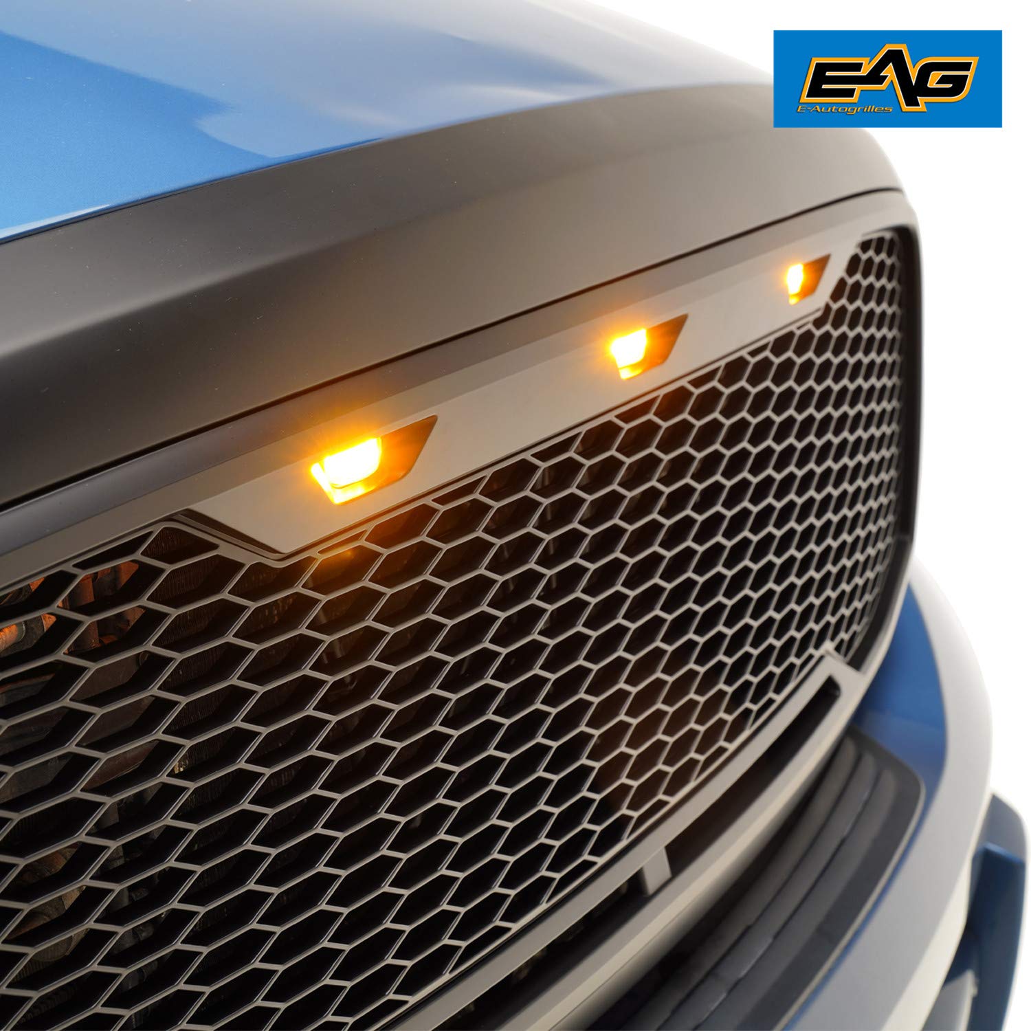 EAG Replacement Upper ABS Grille with Amber LED Lights - Matte Black for 06-08 Dodge Ram 1500 & 06-09 Dodge Ram 2500/3500 | Off-Road Style Upgrade & Enhanced Night Visibility