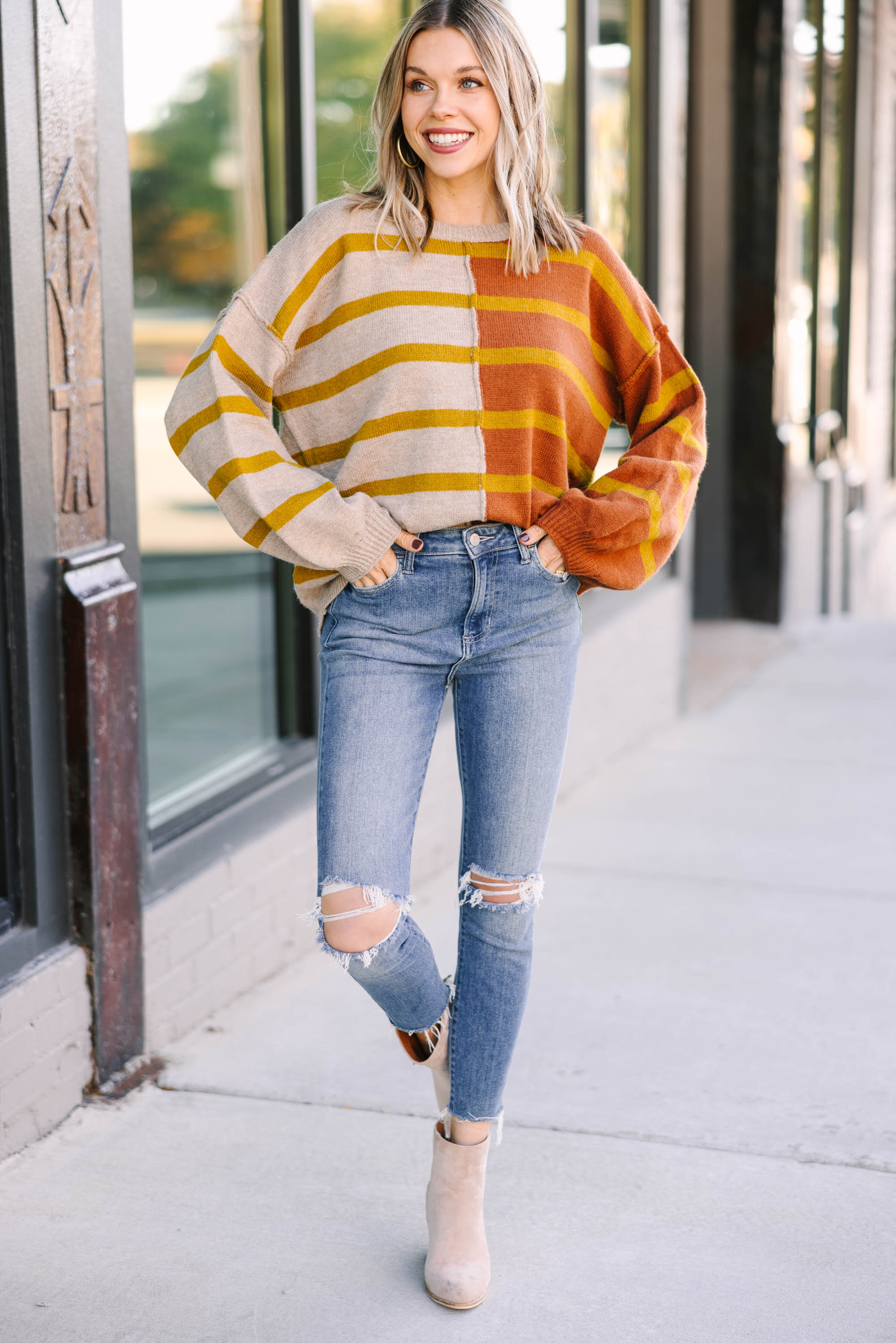 Rust Orange Striped Sweater for Women - Cozy Knit Pullover with Back and Forth Pattern | Perfect for Fall Outfits, Casual Wear & Coffee Dates