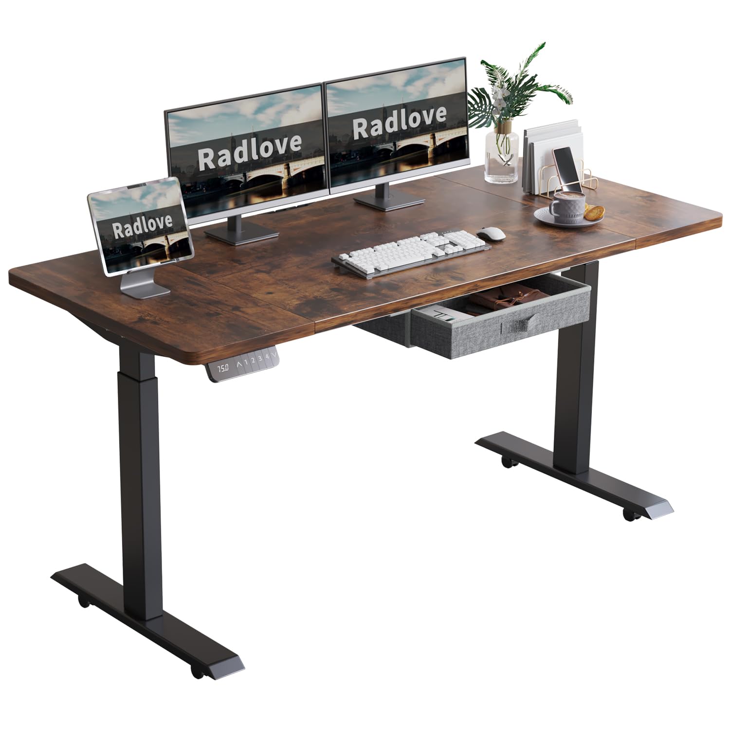 Dual Motor Electric Standing Desk 63 x 30 Inches - Height Adjustable with 4 Memory Presets, Drawer & Splice Board | Home Office Computer Desk (Rustic Brown Top + Black Frame) for Work, Study & Gaming