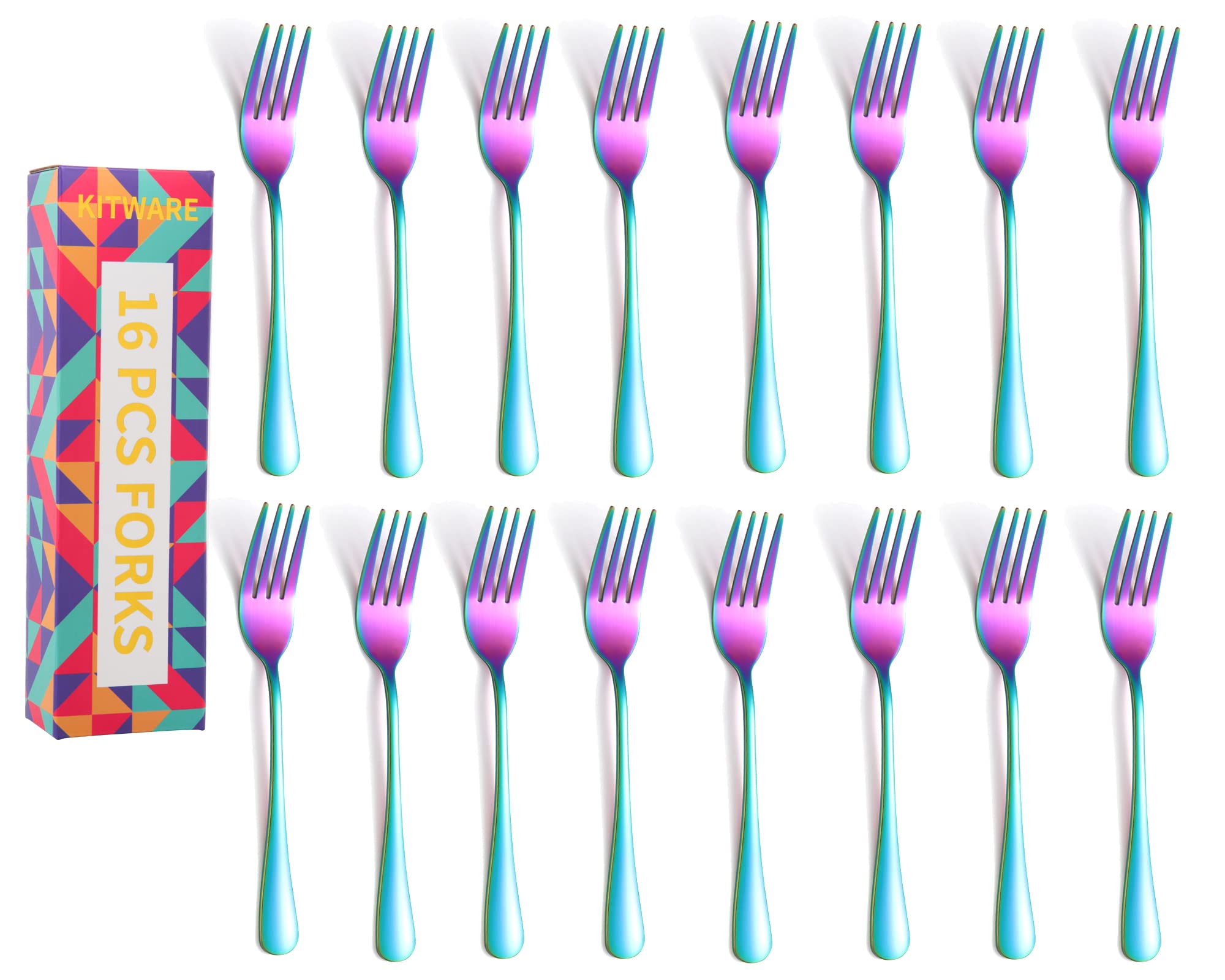 16-Piece Rainbow Dinner Forks Set - 8 Inch Iridescent Silverware, Colorful Metal Tableware Forks for Home Kitchen & Restaurant Use - Perfect for Parties, Weddings, and Everyday Dining