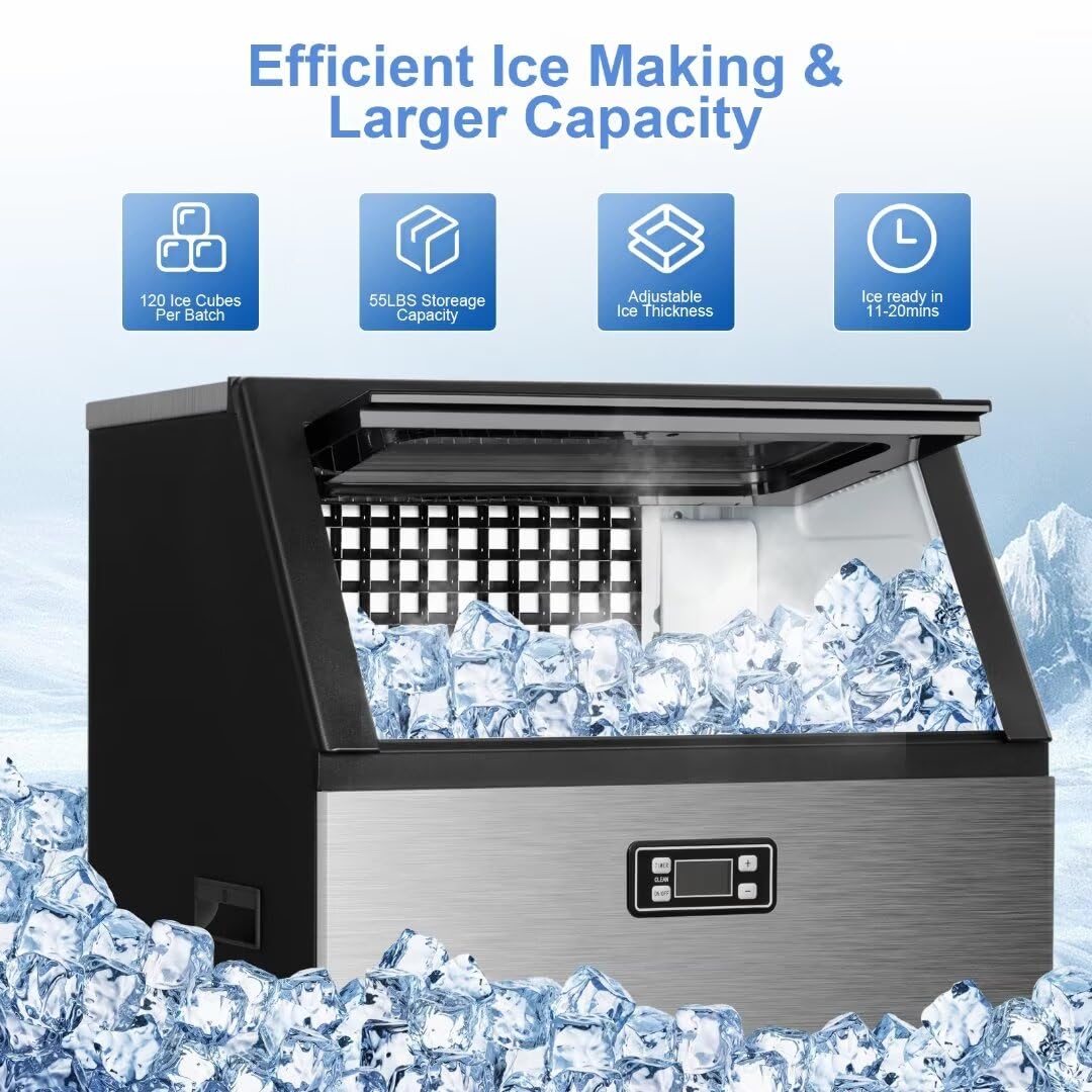 Kismile Commercial Ice Maker Machine - 265lbs/24h Freestanding Square Ice Cube Maker with 55lbs Storage Bin, Heavy Duty Stainless Steel Construction for Home Bar, Coffee Shop, Restaurant & Business Use - Perfect for Cocktails, Iced Coffee & Beverage Service
