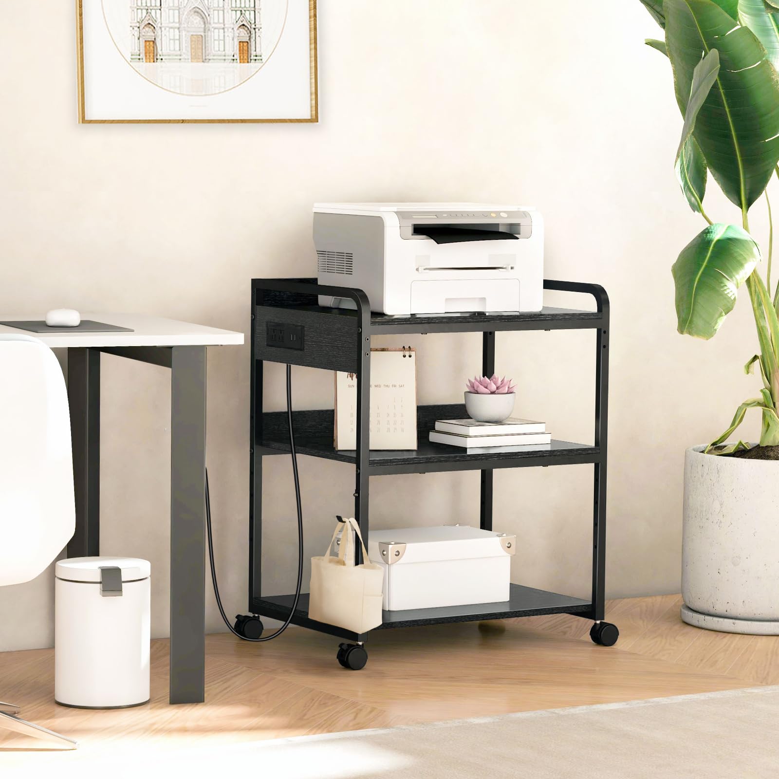 25.2 x 18.9 Inch Large Printer Stand with Wheels & Charging Station - 3 Tier Printer Table with Power Outlet & USB Port - Home Office Organization for Printer, Shredder & Supplies (Black)