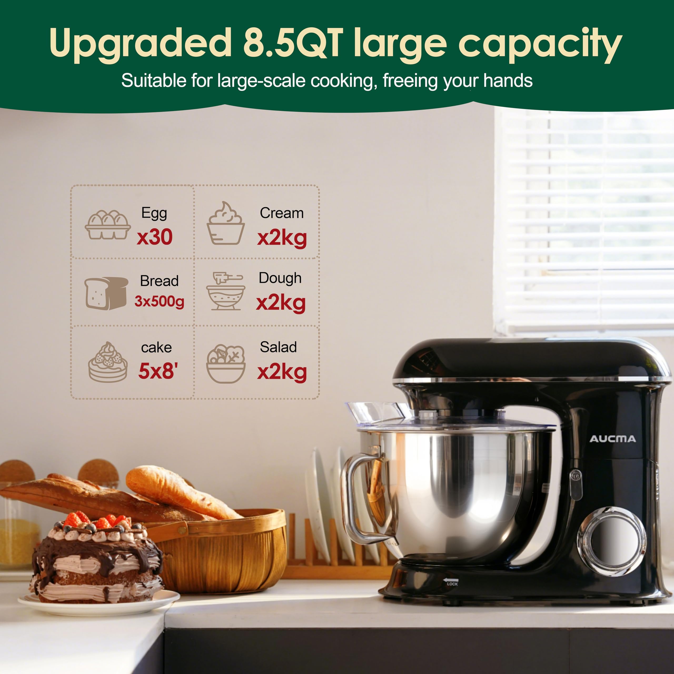**Aucma 8.5QT 900W Tilt-Head Stand Mixer - Large Capacity Electric Kitchen Mixer with Dough Hook, Wire Whip & Beater (Black) - Perfect for Baking Bread, Cakes, Cookies & More**