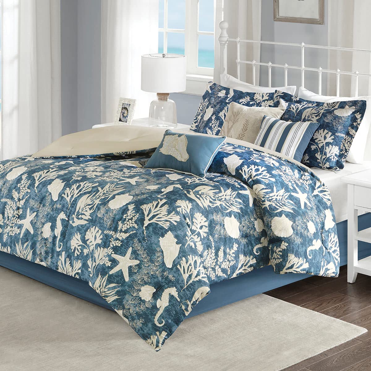 BLACK FOREST DECOR Indigo Reef Queen Size Bedding Set - Coastal Themed Comforter & Sheet Set for Beach House Bedroom Decor