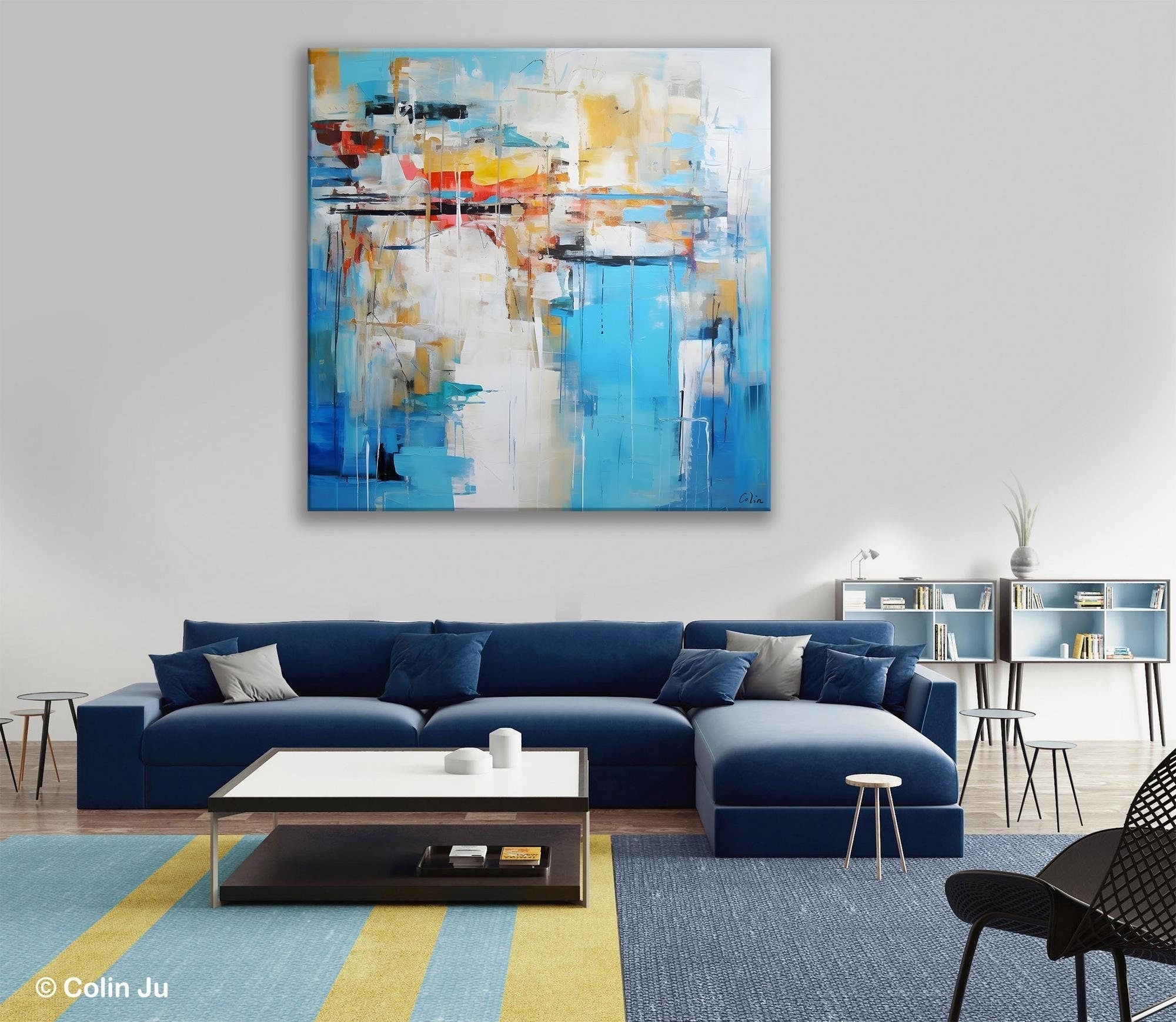 Blue Abstract Painting for Bedroom Wall Decor - Original Modern Canvas Artwork - Contemporary Acrylic Wall Art for Living Room & Office - Buy Handmade Paintings Online for Home Interior Design