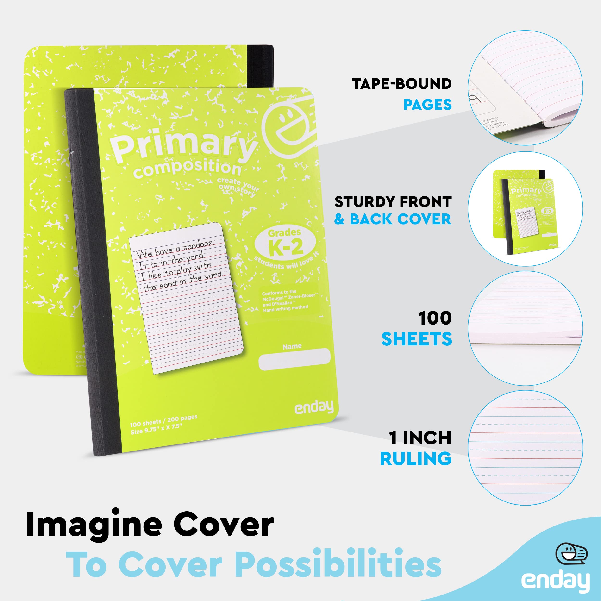 Enday Primary Composition Notebook K-2 - 6 Pack of Primary Ruled Writing Books for Kindergarten & Elementary Students (100 Sheets Each) - Pink, Purple, Green, Blue, Red, Grey - Perfect for Classroom, Homeschooling & Creative Writing Practice