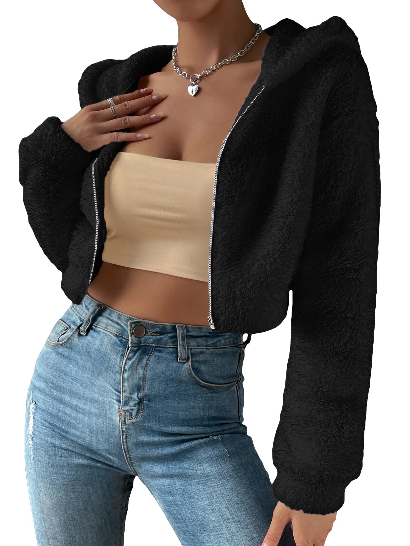 SOLY HUX Women's Cute Faux Fur Sherpa Jacket - Zip Up Drop Shoulder Fuzzy Coat for Winter & Spring | Cropped Outwear for Casual, Streetwear & Date Nights