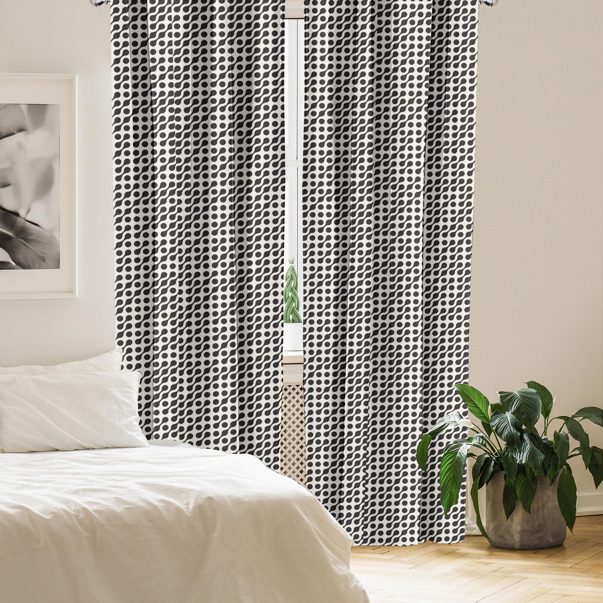 Ambesonne Geometric Black & White Window Curtains - Diagonal Rounded Circles & Wavy Lines Modern Design - Lightweight 2-Panel Set with Rod Pocket (28