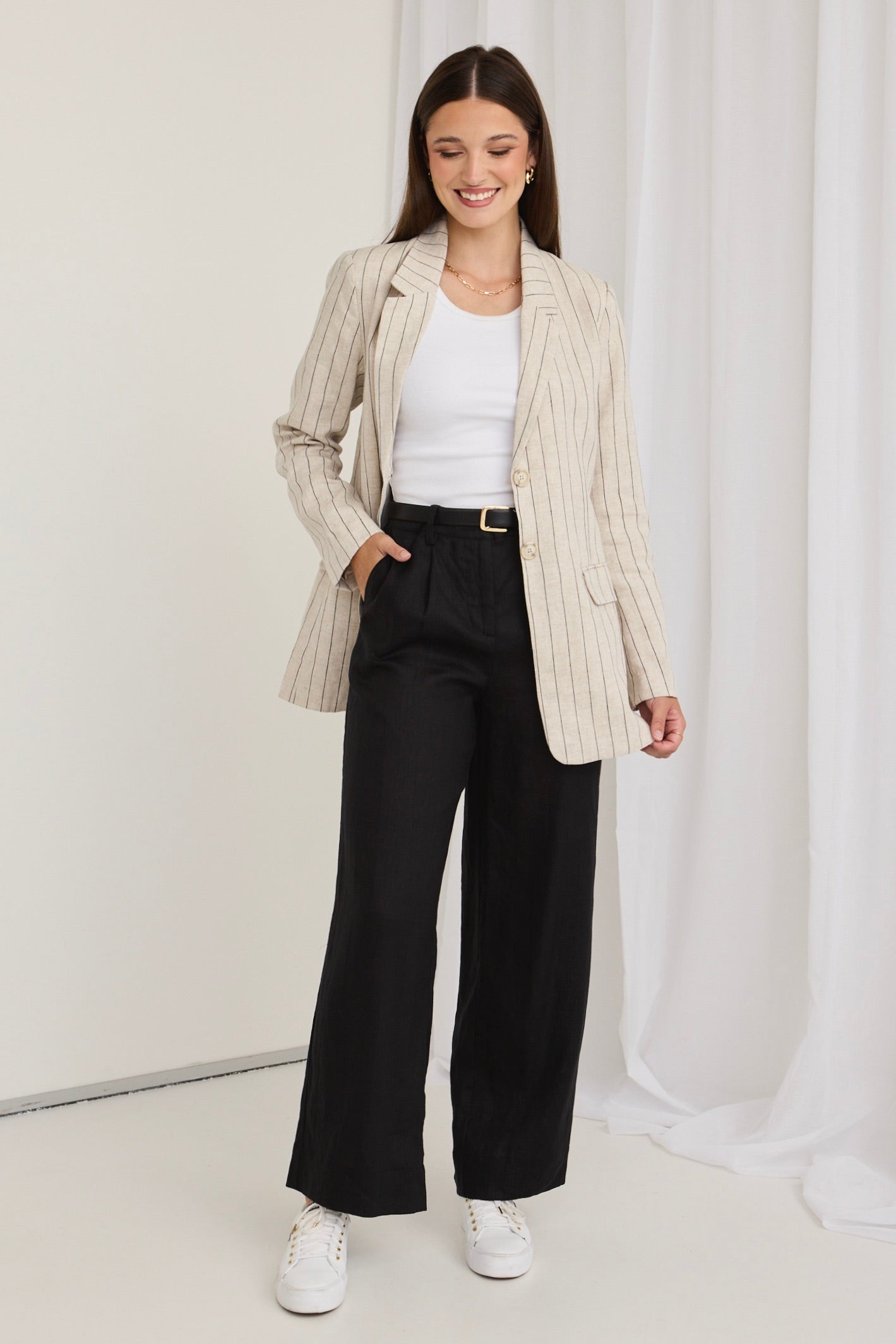 Stylish Island Black Linen Pleat Front Wide Leg Pants for Women - Comfortable Summer Casual Trousers for Beach, Office & Vacation Wear