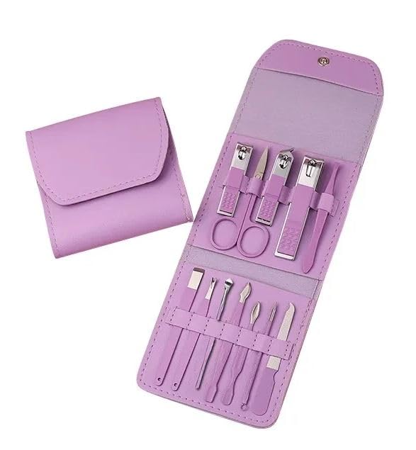 Zabb KAMIKAZE 12-Piece Professional Manicure & Pedicure Kit - Stainless Steel Nail Tools Set with Folding Bag (Purple) | Portable Nail Care Kit for Home, Salon & Travel