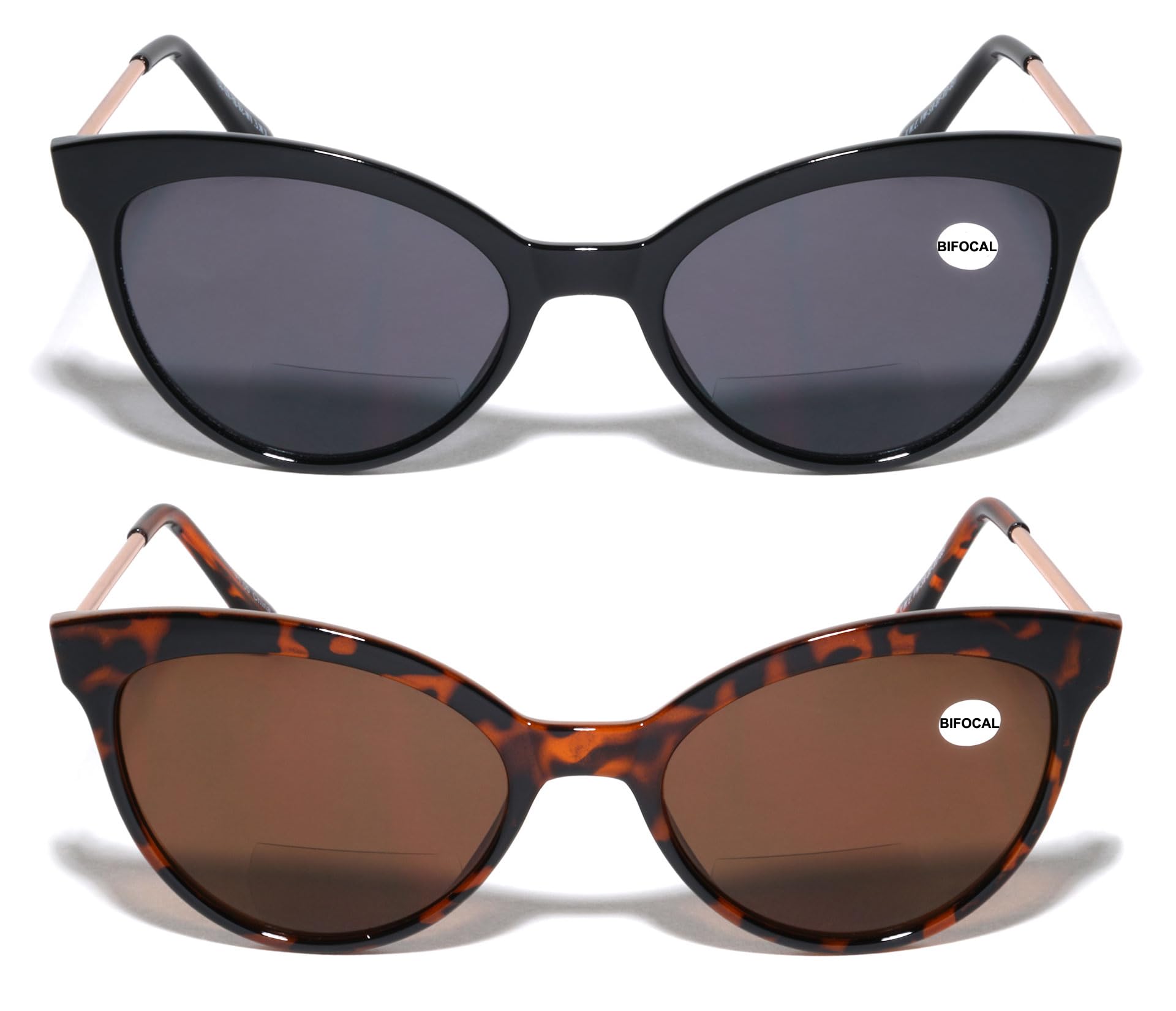 2 Pairs Women's Bifocal Reading Sunglasses - Cateye Vintage Black Tortoise Frame for Outdoor Reading, Driving & Fashion Use