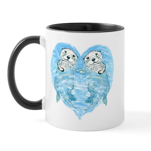White/Black Inside - Sea Otters Holding Hands Mug
