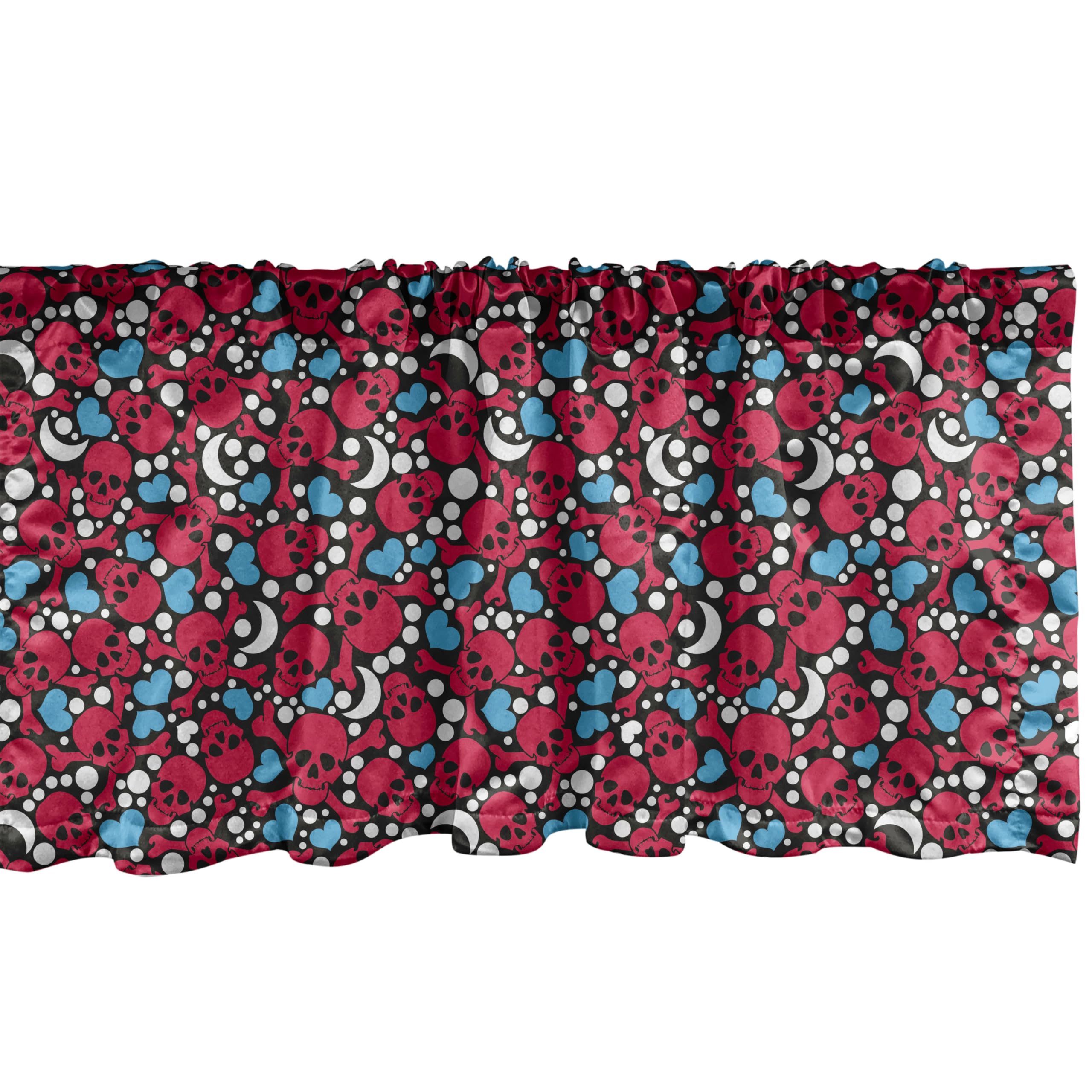 Ambesonne Skull Window Valance - Smiling Red Skulls with Hearts, Moons & Dots Black Pattern, 54x12 Inch Kitchen & Bedroom Curtain Valance with Rod Pocket - Perfect for Gothic, Halloween & Boho Home Decor