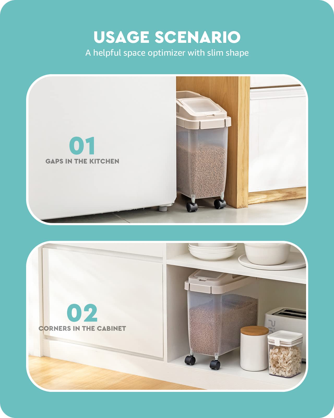 Baffect Airtight Pet Food Storage Container with Measuring Cup & Wheels - Large Dog Cat Bird Food Bin for Freshness - Perfect for Kitchen, Pantry, or Garage Storage