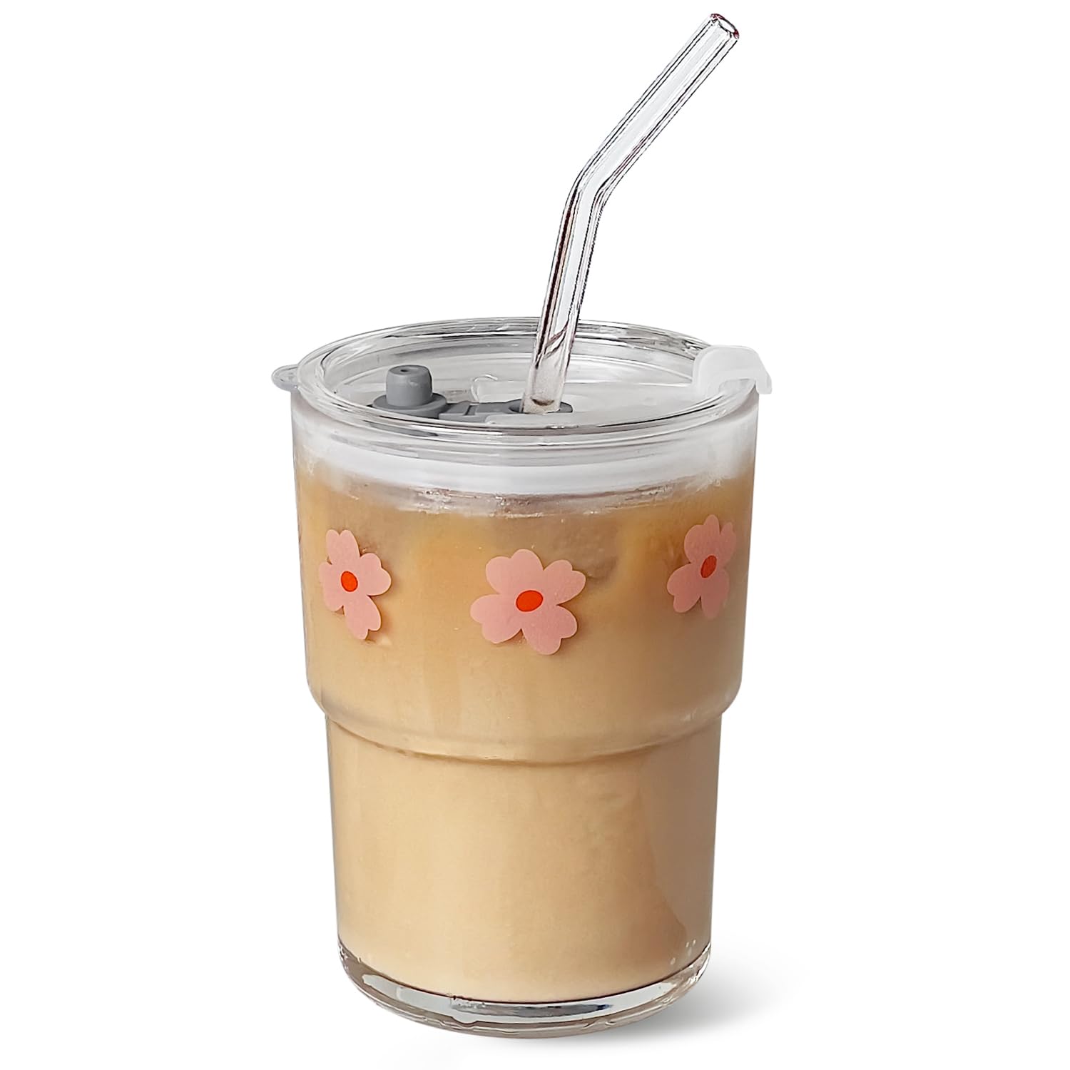 13oz Glass Tumbler with Glass Straw & Lid - Reusable Iced Coffee Cup, Water Bottle, Drinking Glass - Perfect for Iced Coffee, Tea, Smoothies & Cold Drinks - Pink Floral Design