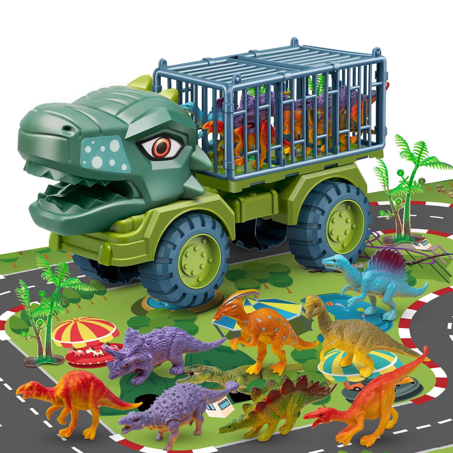 Dinosaur Truck Toy Set with 8 Tyrannosaurus Figures - Transport Carrier Vehicle for Kids Ages 3-10 | STEM Learning Toy for Boys & Girls | Birthday Gift Idea for Preschool & Elementary School Children | Perfect for Imaginative Play, Classroom Rewards & Dinosaur-Themed Parties