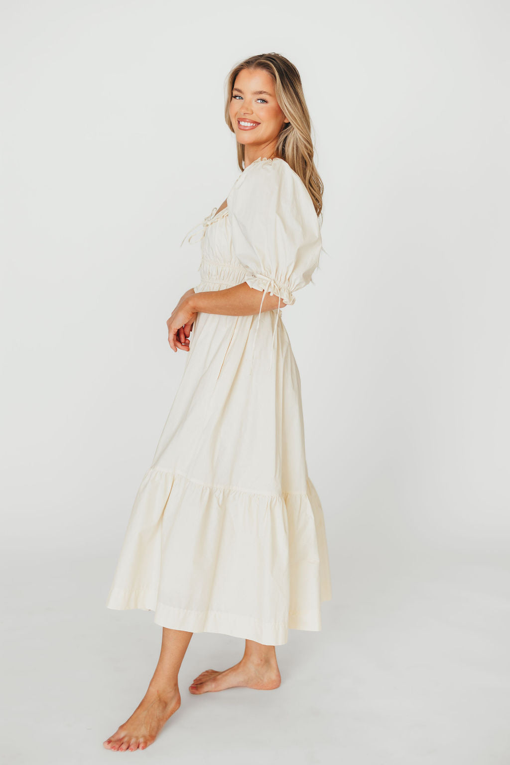 100% Cotton Crissy Ruched Midi Dress in Cream - Bump Friendly Maternity Dress for Pregnancy, Nursing & Postpartum - Perfect for Baby Showers, Date Nights & Special Occasions