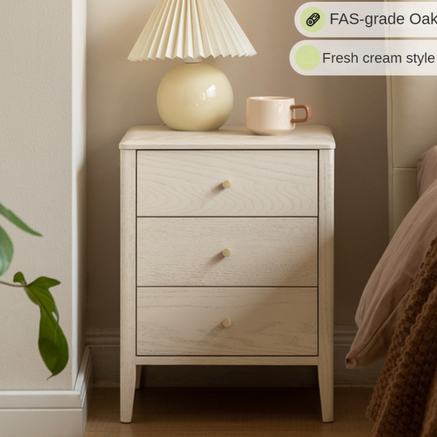 Solid Oak Wood Nightstand - Cream Finish, Modern Bedside Table for Bedroom, Living Room, or Nursery Furniture