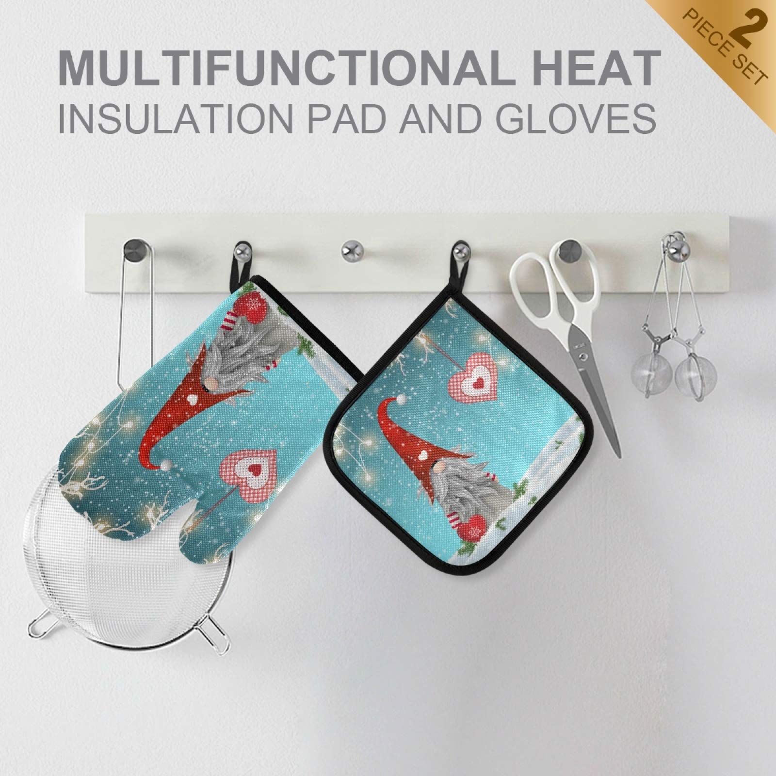 Christmas Winter Gnome Oven Mitts & Pot Holders Set - 2pcs Heat Resistant Non-Slip Kitchen Potholders for Cooking, Baking, BBQ - Perfect Xmas & Valentine's Day Gifts (Red Heart Design) - Ideal for Holiday Baking, Home Decor & Cozy Kitchen Use