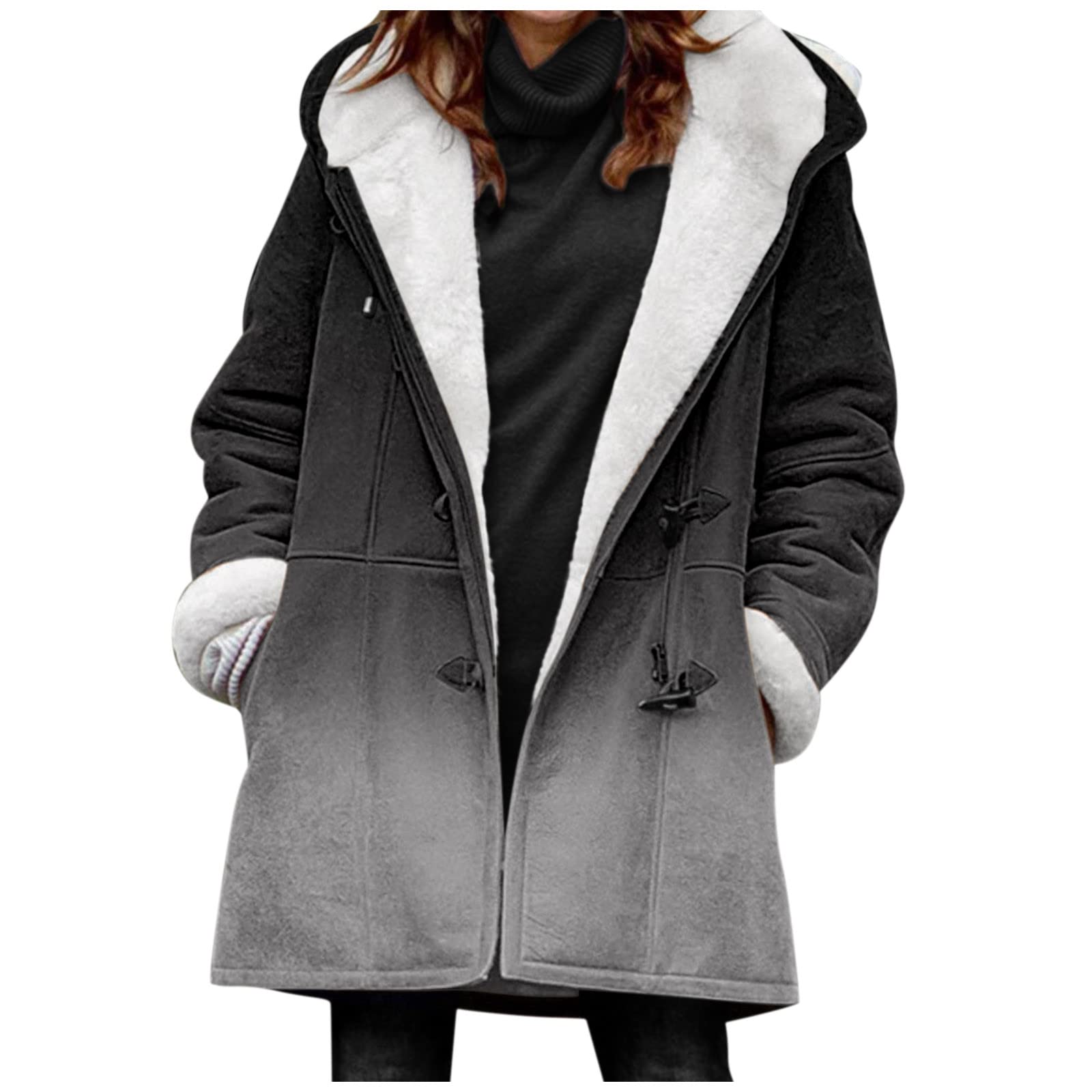 Plus Size Women's Hooded Fleece Jacket - Oversized Casual Fuzzy Gradient Coat with Button Closure for Winter (Black, XXXXL) | Warm & Cozy Outerwear for Cold Weather, Streetwear Fashion, and Everyday Comfort