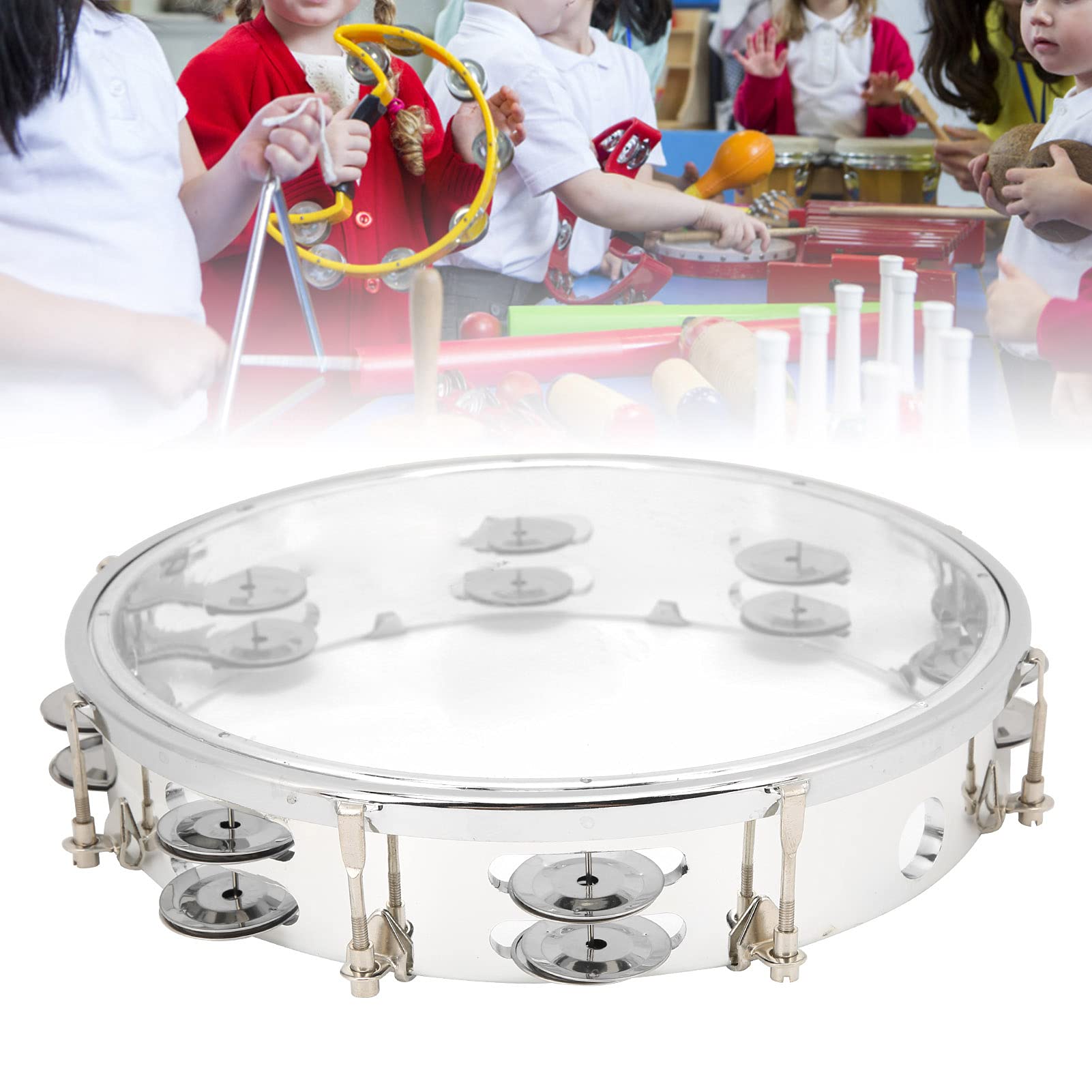 10 Inch Professional Tambourine for Adults - Double Row Metal Jingles Handheld Percussion Instrument with Clear Acrylic Head - Perfect for Music Education, Classroom, Church Worship & Live Performances