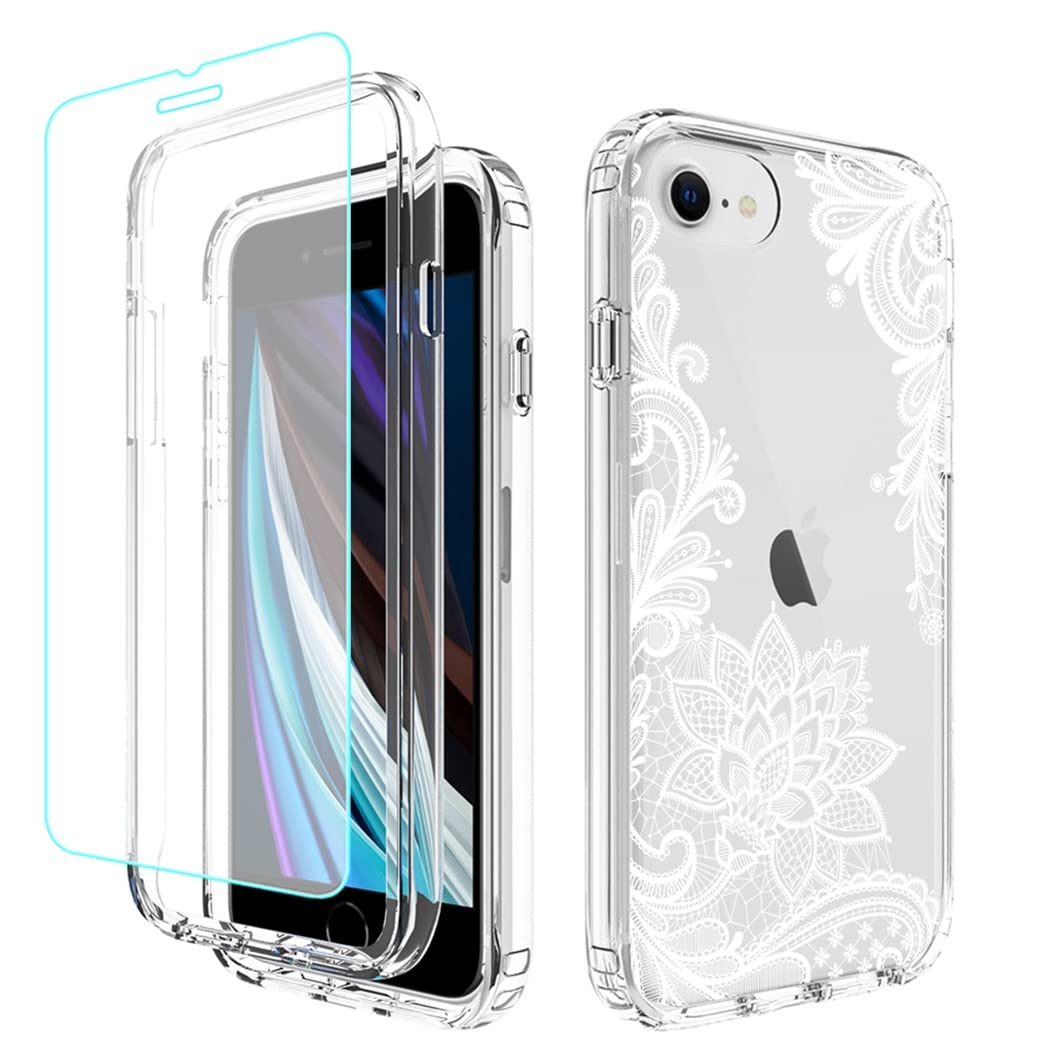 Premium Clear Mandala Phone Case for iPhone SE 2022/SE3/SE 2020/7/8 with Tempered Glass Screen Protector | Full Body Protective Cover | Perfect for Everyday Use, Travel & Gift Giving