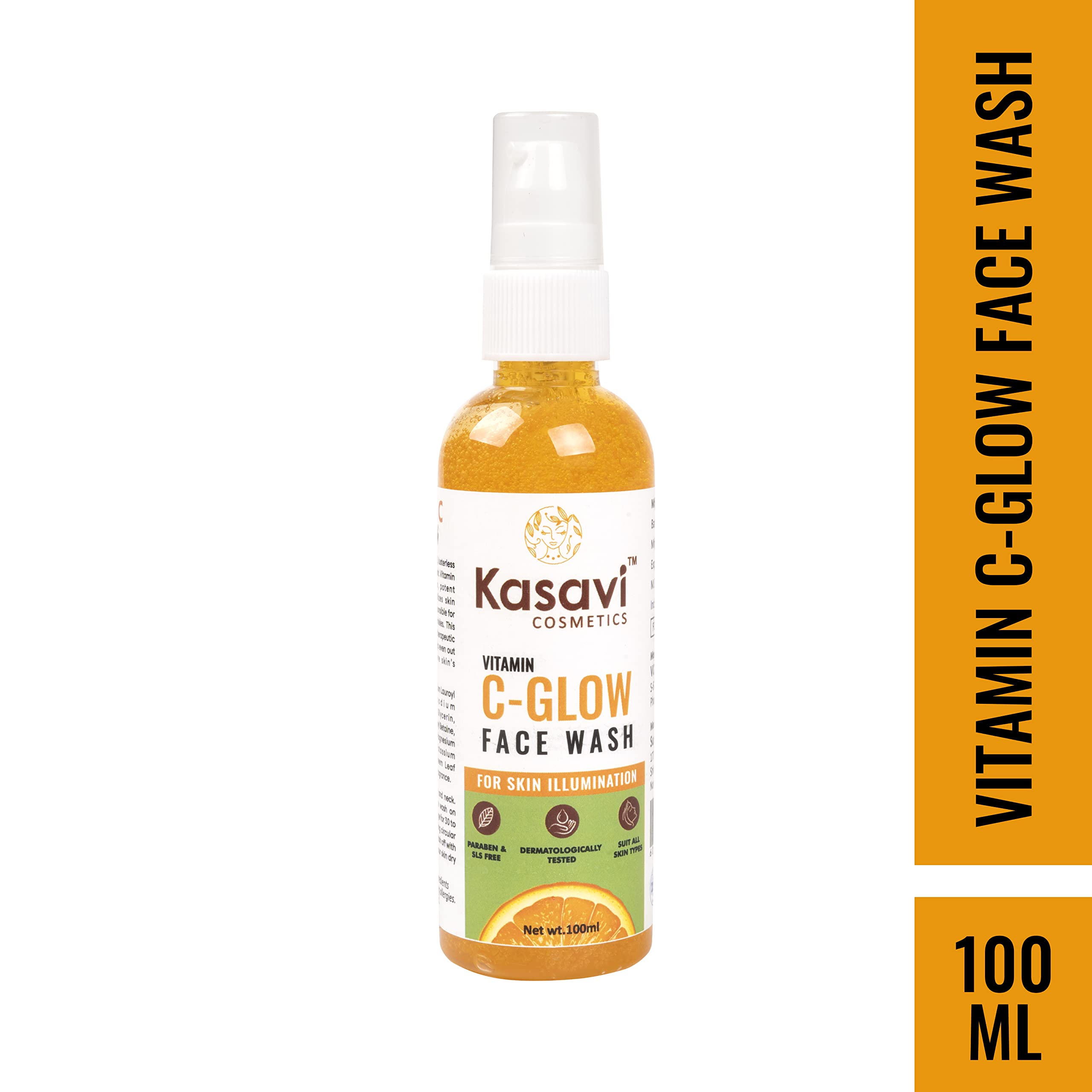 Kasavi Vitamin C Glow Facial Wash 100ml | Soap-Free Brightening Face Cleanser for Dull & Tired Skin | Gentle Daily Cleanser for Radiant Complexion | Perfect for Morning & Night Skincare Routine