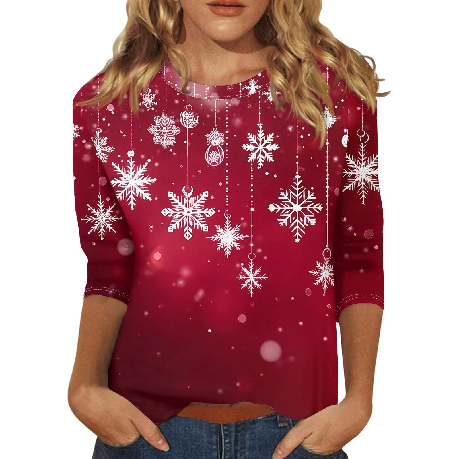 2024 Women's Christmas Shirts - Plus Size Glitter Tree Print Tees with 3/4 Sleeve, Crewneck Graphic Tunic Tops | Perfect for Holiday Parties, Family Gatherings & Festive Office Wear