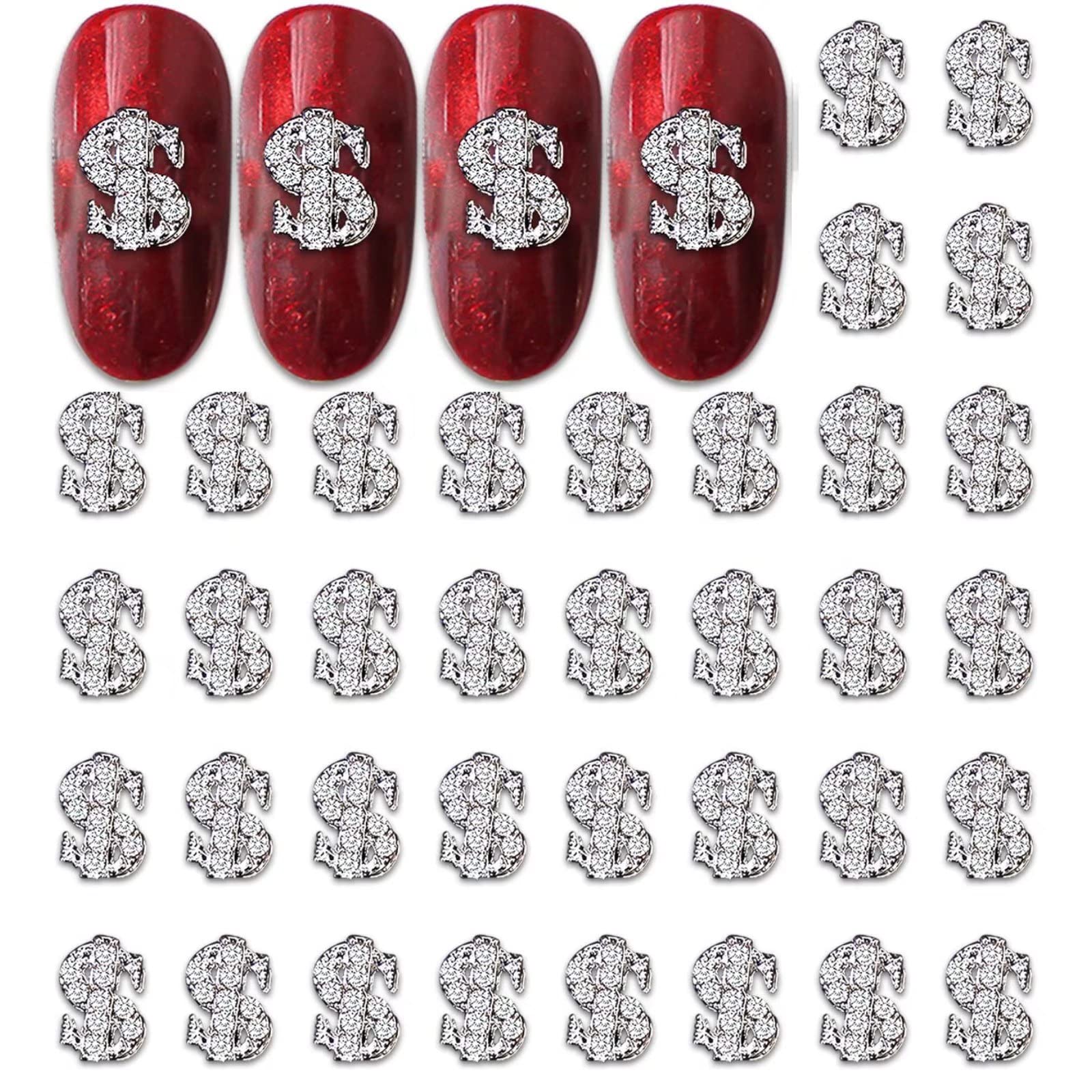 RUNRAYAY 40Pcs 3D Silver Dollar Sign Nail Charms with Rhinestones - Nail Art Studs & Diamond Decorations for DIY Manicure, Retro Nail Jewelry - Perfect for Parties, Weddings, and Special Occasions
