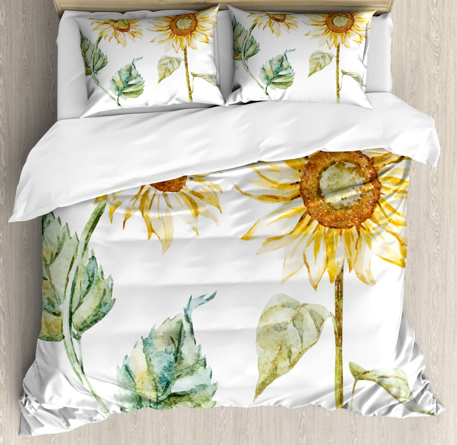 Ambesonne Watercolor Sunflower Duvet Cover Set - King Size 2-Pack with 2 Duvet Covers & 4 Pillowcases, Yellow Green Summer Floral Bedding for Farmhouse, Boho & Country Style Bedrooms - Perfect for Guest Rooms, Master Bedrooms & Vacation Homes