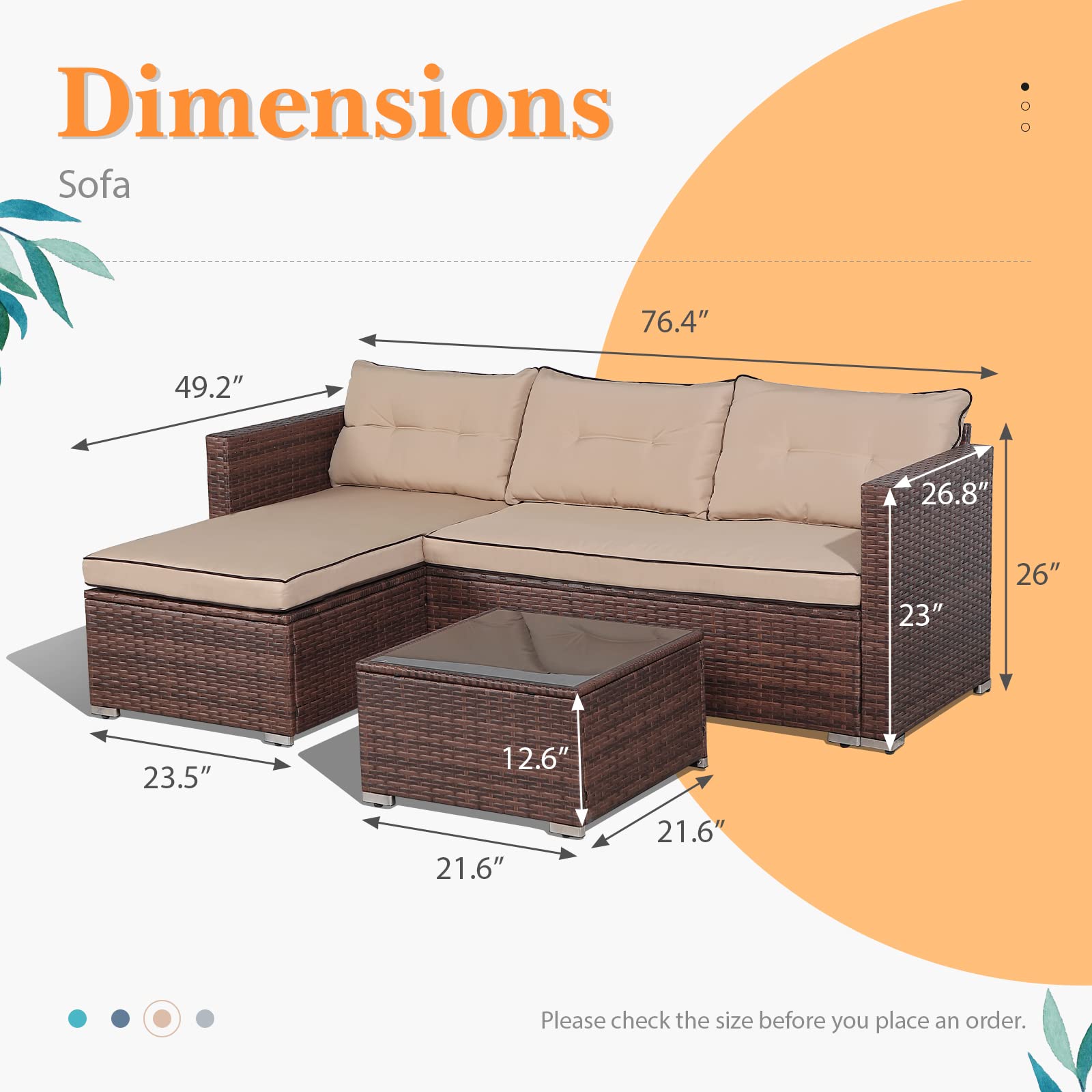 OC Orange-Casual 3-Piece All-Weather Outdoor Patio Furniture Set - Wicker Sectional Sofa with Glass Coffee Table, Brown Rattan & Beige Cushions for Deck, Balcony, Porch, Backyard & Garden Relaxation