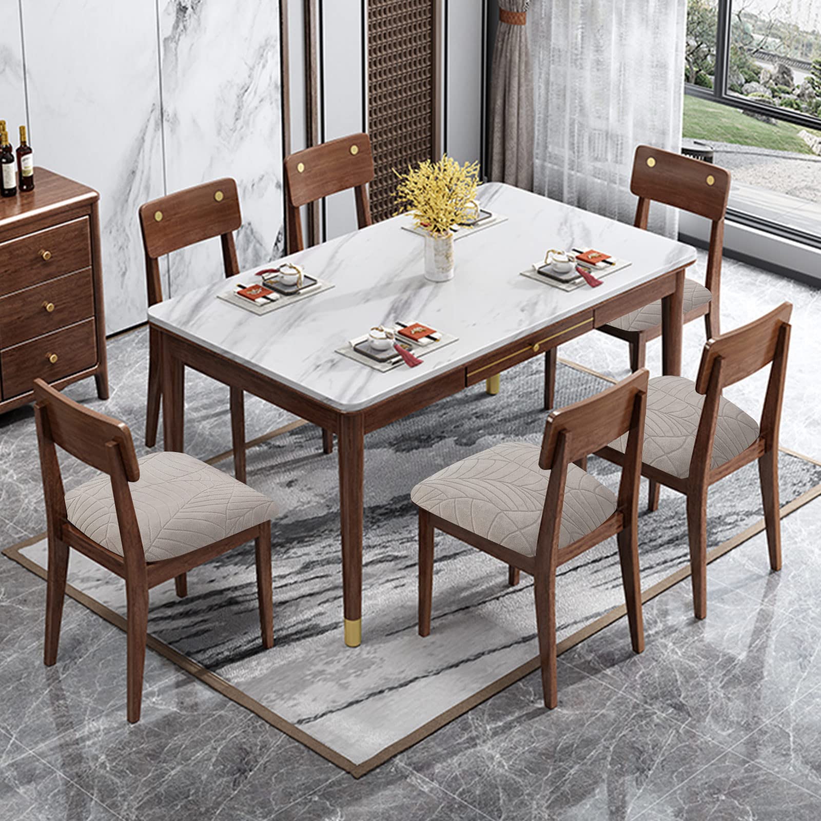Genina Waterproof Stretch Dining Room Chair Covers - 6 Pack Washable Slipcovers for Kitchen & Dining Chairs (Leaves-Warm Gray) | Spill Protection & Easy Cleaning for Family Meals & Entertaining