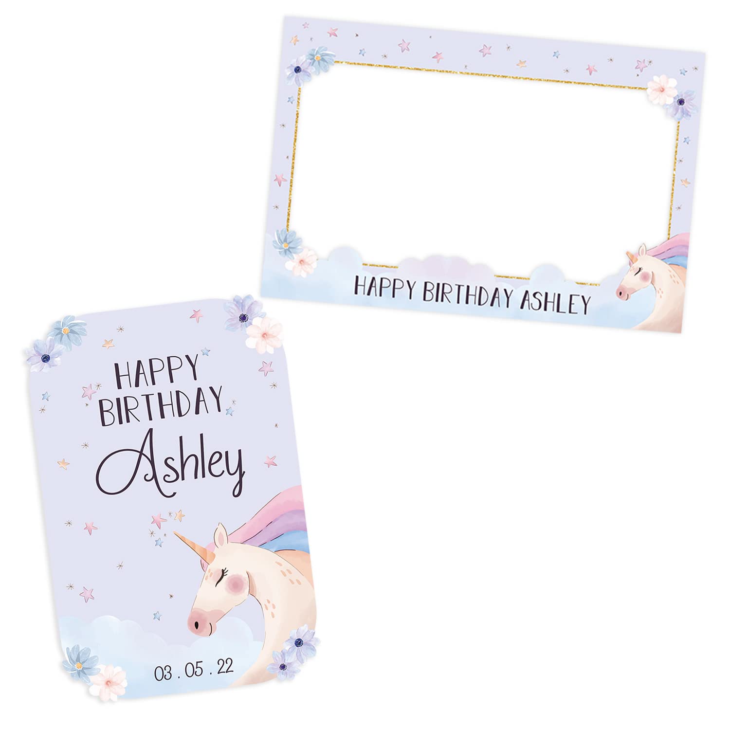 Personalized Unicorn Birthday Party Sign & Photo Booth Frame Set - Custom Unicorn Party Decorations - PVC Board Welcome Sign & Favors for Girls' Birthday, Baby Shower & Theme Parties