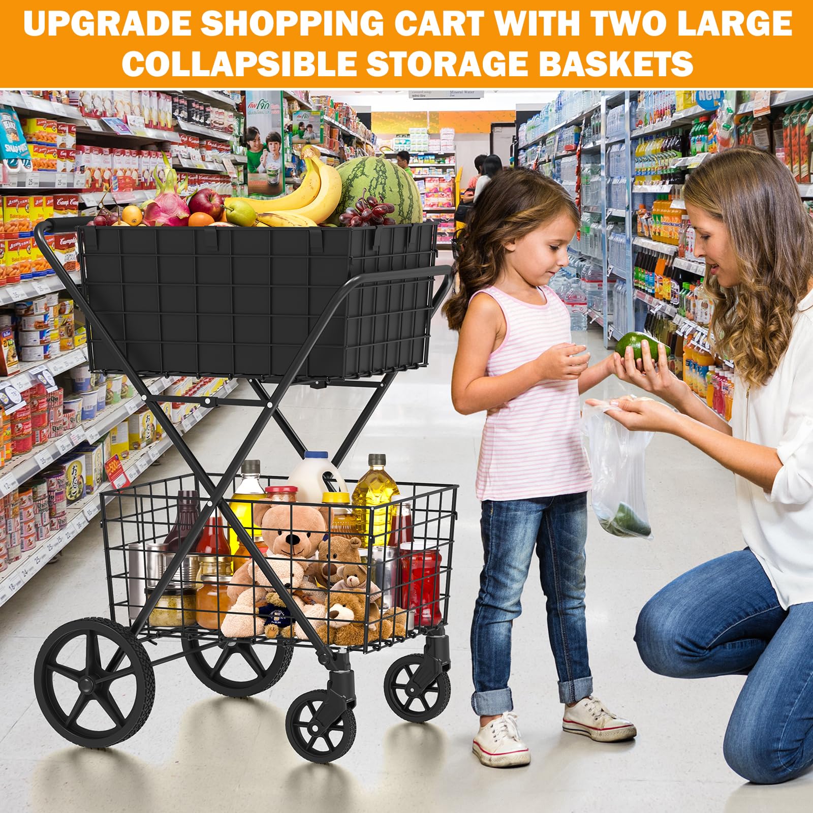Extra Large 2-Tier Grocery Shopping Cart - Heavy Duty 400Lbs Capacity with 360° Swivel Wheels, 2 Removable Baskets & Waterproof Liner - Perfect for Supermarket Trips, Warehouse Transport & Farmers Market Hauling