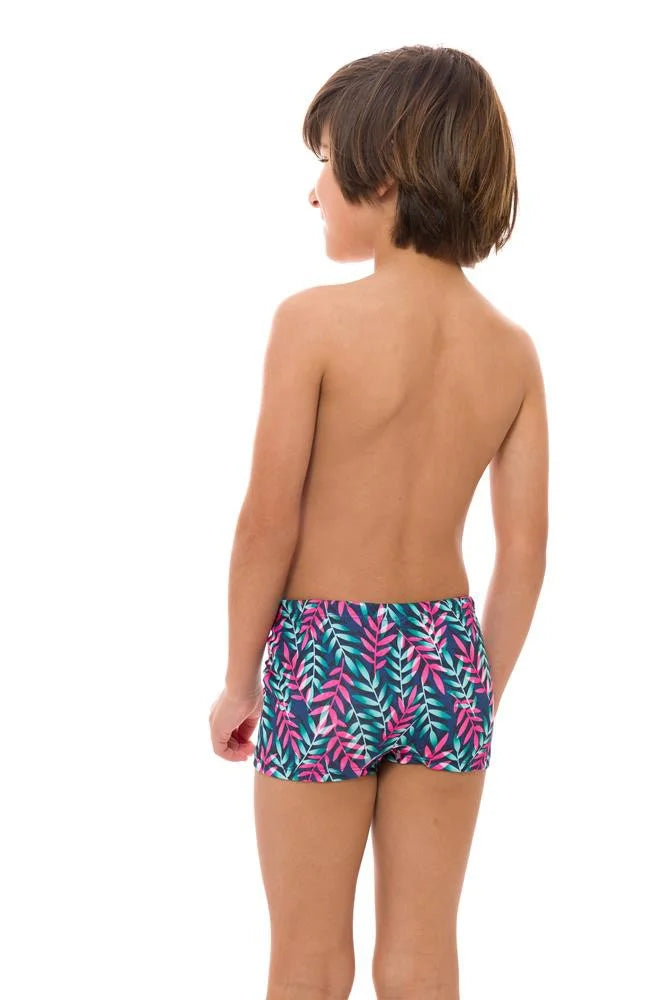 Royal Blue Neon Leaves Boys Swim Briefs - Quick Dry Swim Trunks for Kids, Comfortable Swimwear for Beach, Pool & Summer Activities