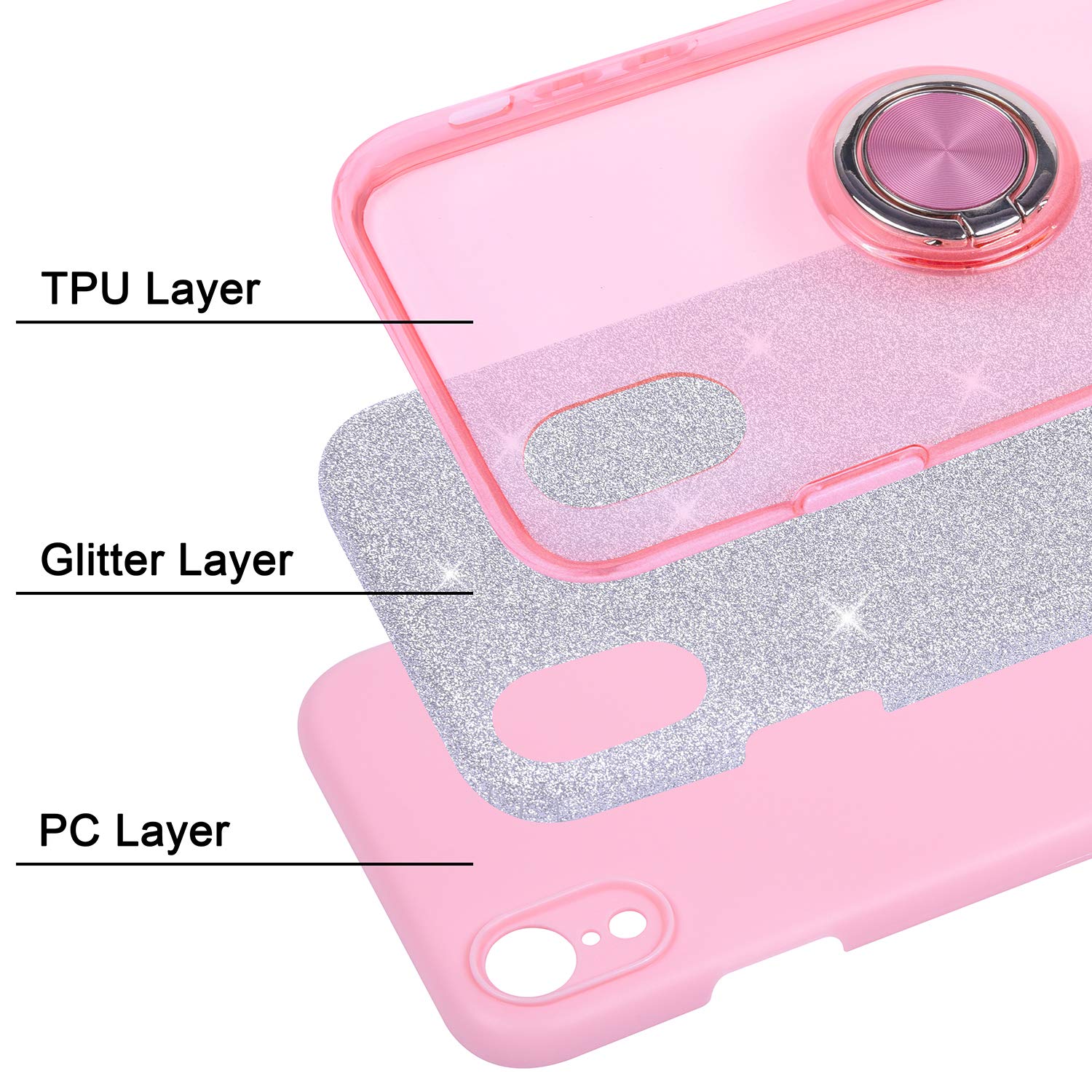 Wisdompro Cute Glitter Bling Sparkle Protective Case with Ring Kickstand for iPhone XR (6.1 Inch) - Pink | Durable Shockproof Cover for Women & Girls | Perfect for Daily Use, Work & Travel