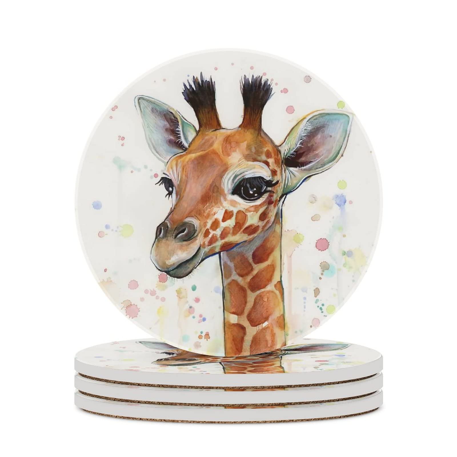 4PCS Funny Baby Giraffe Watercolor Ceramic Coasters with Cork Base - Absorbent Drink Coasters for Coffee Mugs, Tabletop Protection & Bar Decor - Perfect for Home, Office & Restaurant Use